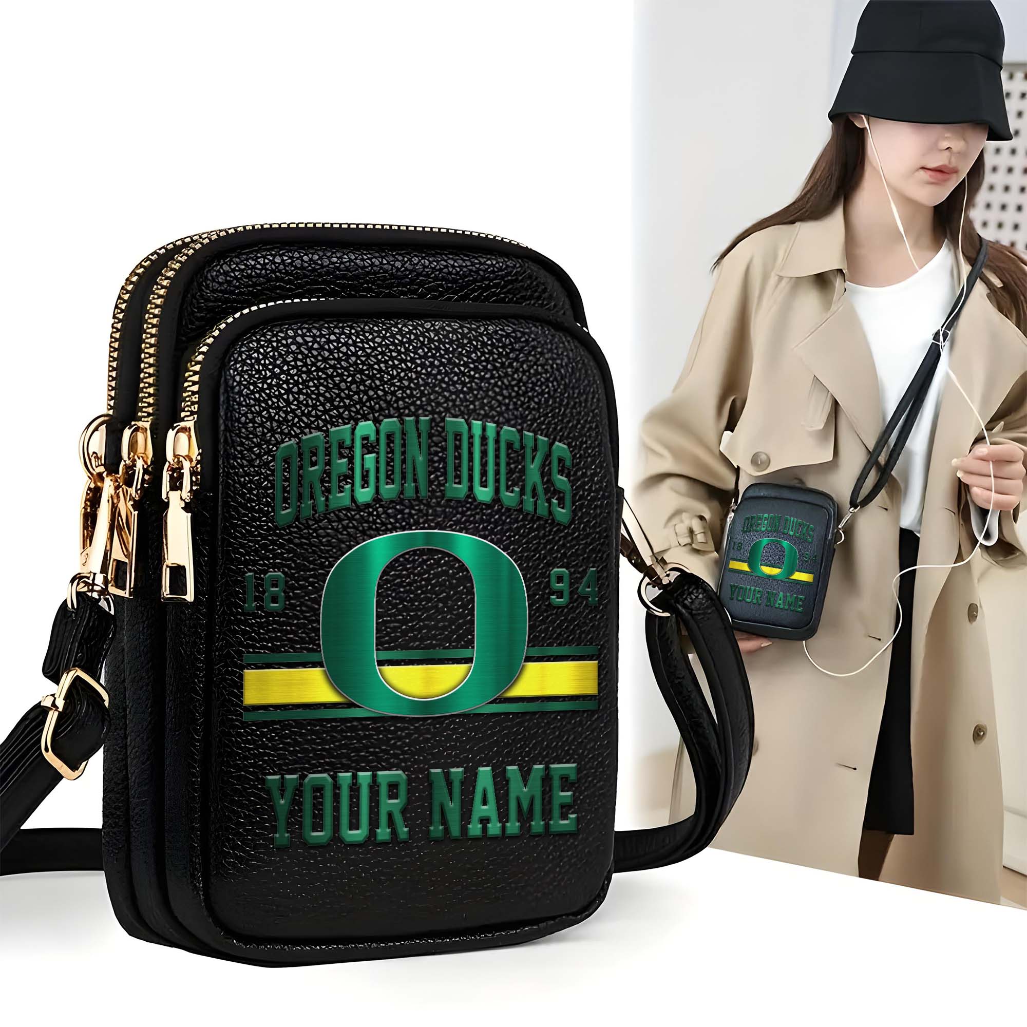 Oregon Ducks Customized Womens Mobile Phone Bag With Your Name, Leather Crossbody Bag, Fan Gifts