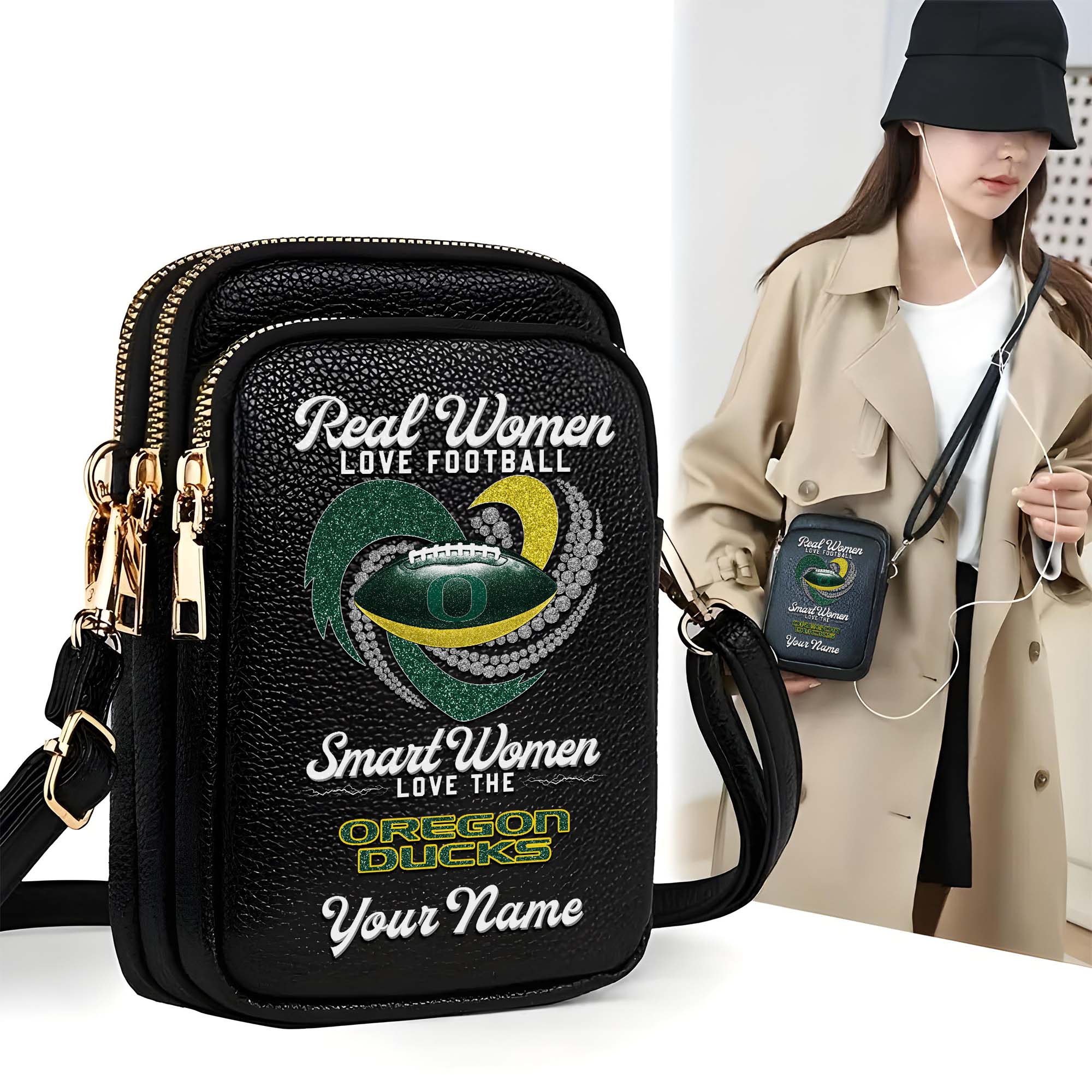 Oregon Ducks Customized Womens Mobile Phone Bag With Your Name, Leather Crossbody Bag, Fan Gifts
