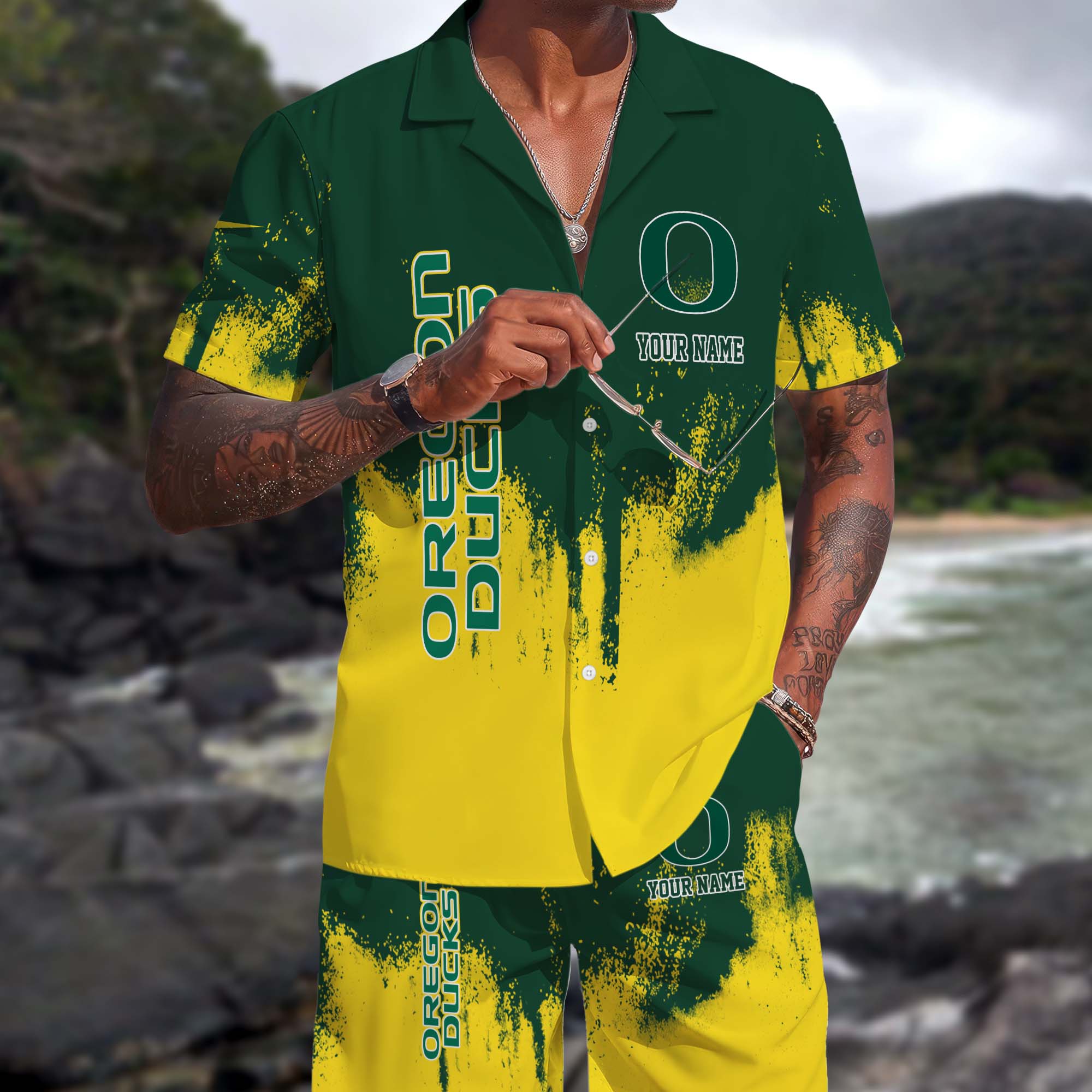 Oregon Ducks Hawaiian Shorts Set Custom You Name, Sports Shorts, Gifts For Fan