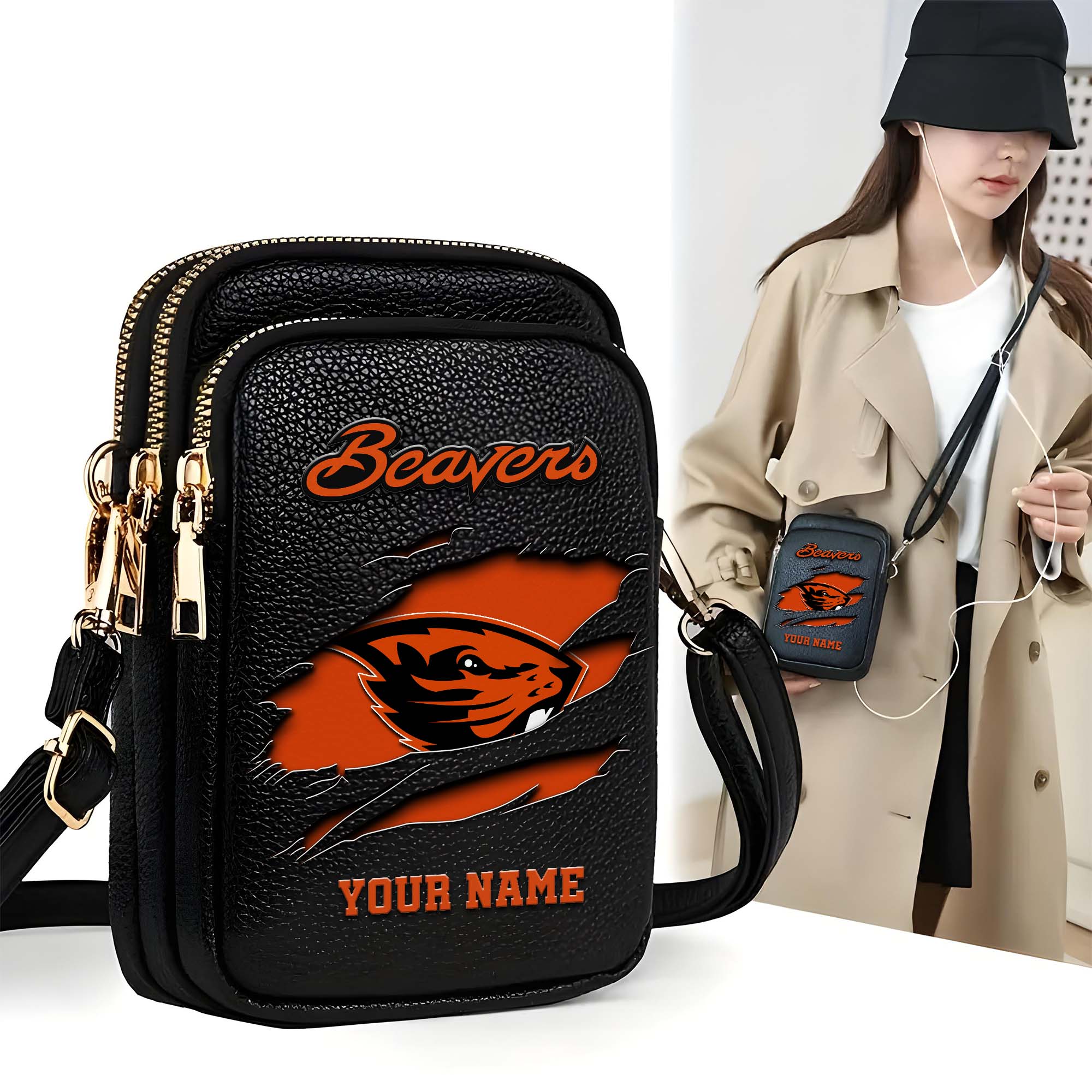 Oregon State Beavers Customized Womens Mobile Phone Bag With Your Name, Leather Crossbody Bag, Fan Gifts