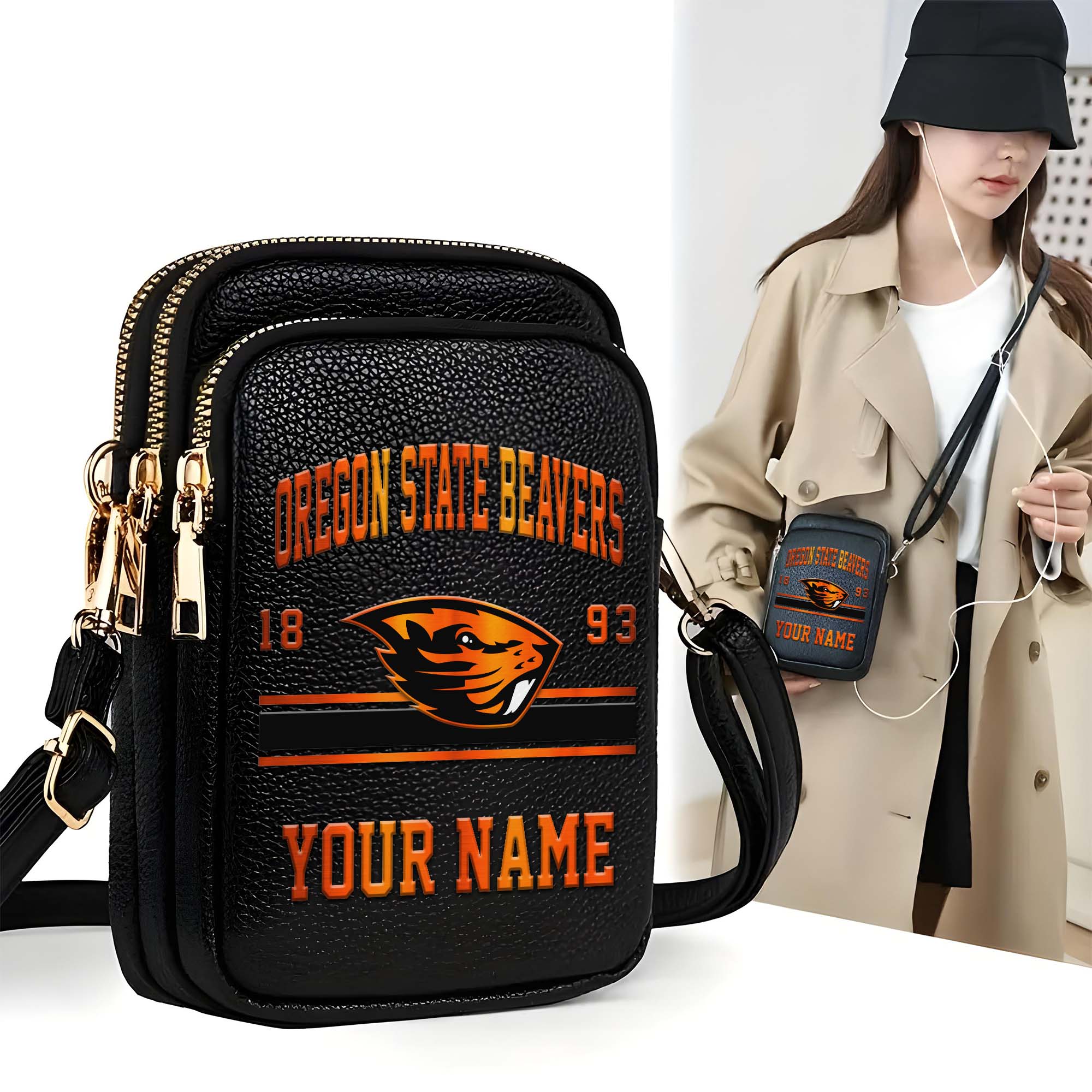 Oregon State Beavers Customized Womens Mobile Phone Bag With Your Name, Leather Crossbody Bag, Fan Gifts