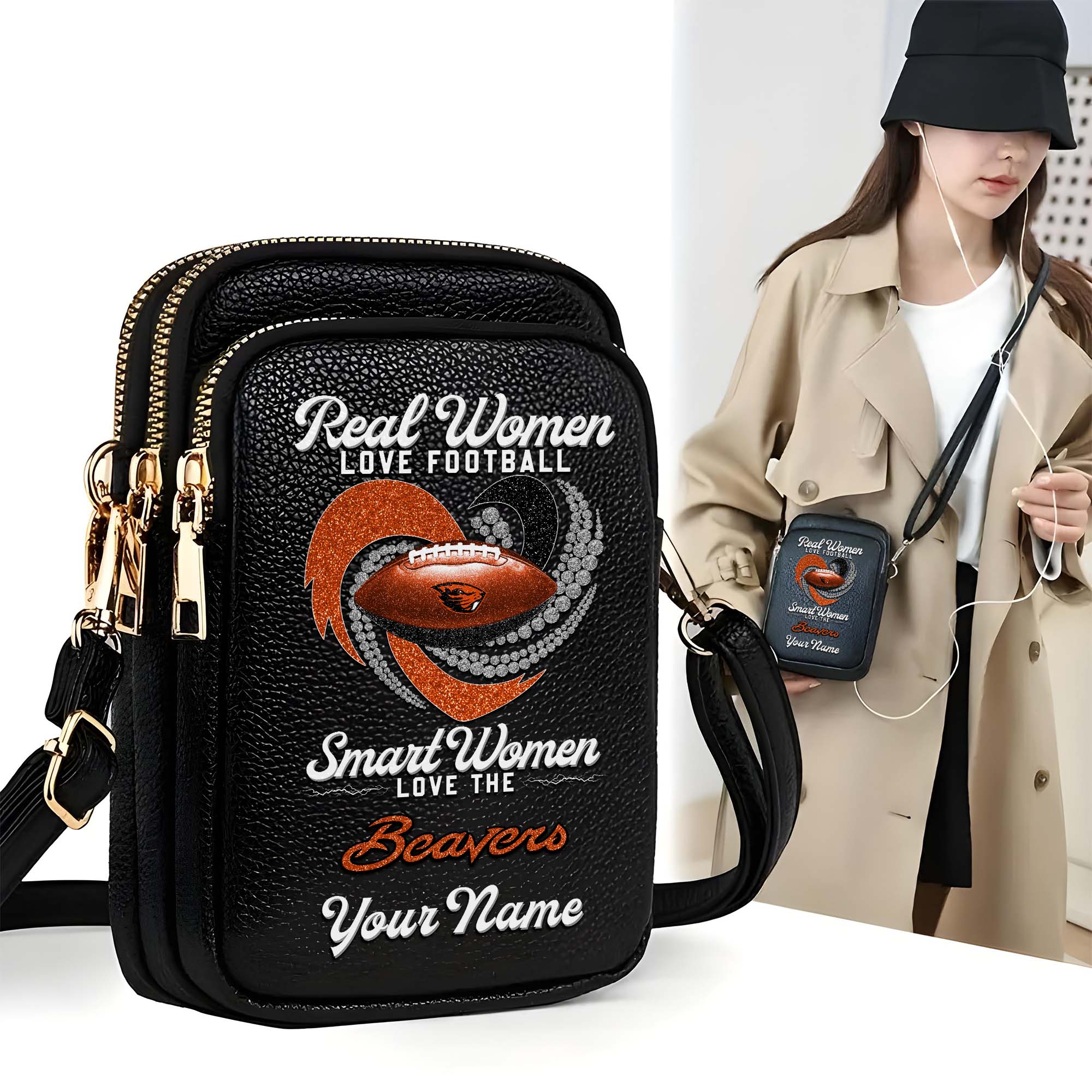 Oregon State Beavers Customized Womens Mobile Phone Bag With Your Name, Leather Crossbody Bag, Fan Gifts