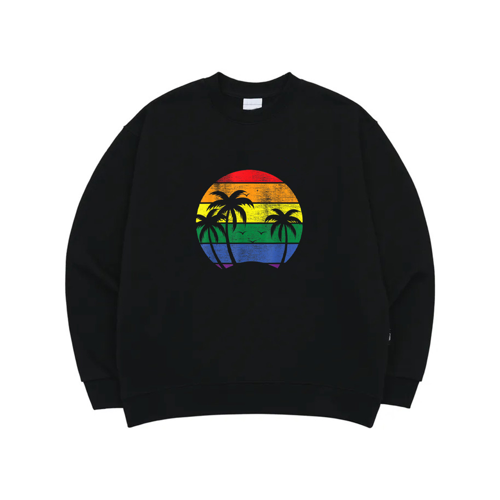 Pacific Ocean Palm Trees With Vintage LGBT Rainbow Sunset Sweatshirt