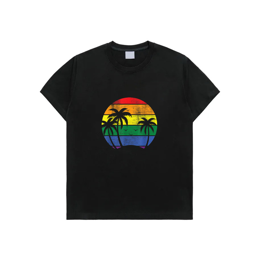 Pacific Ocean Palm Trees With Vintage LGBT Rainbow Sunset T-Shirt