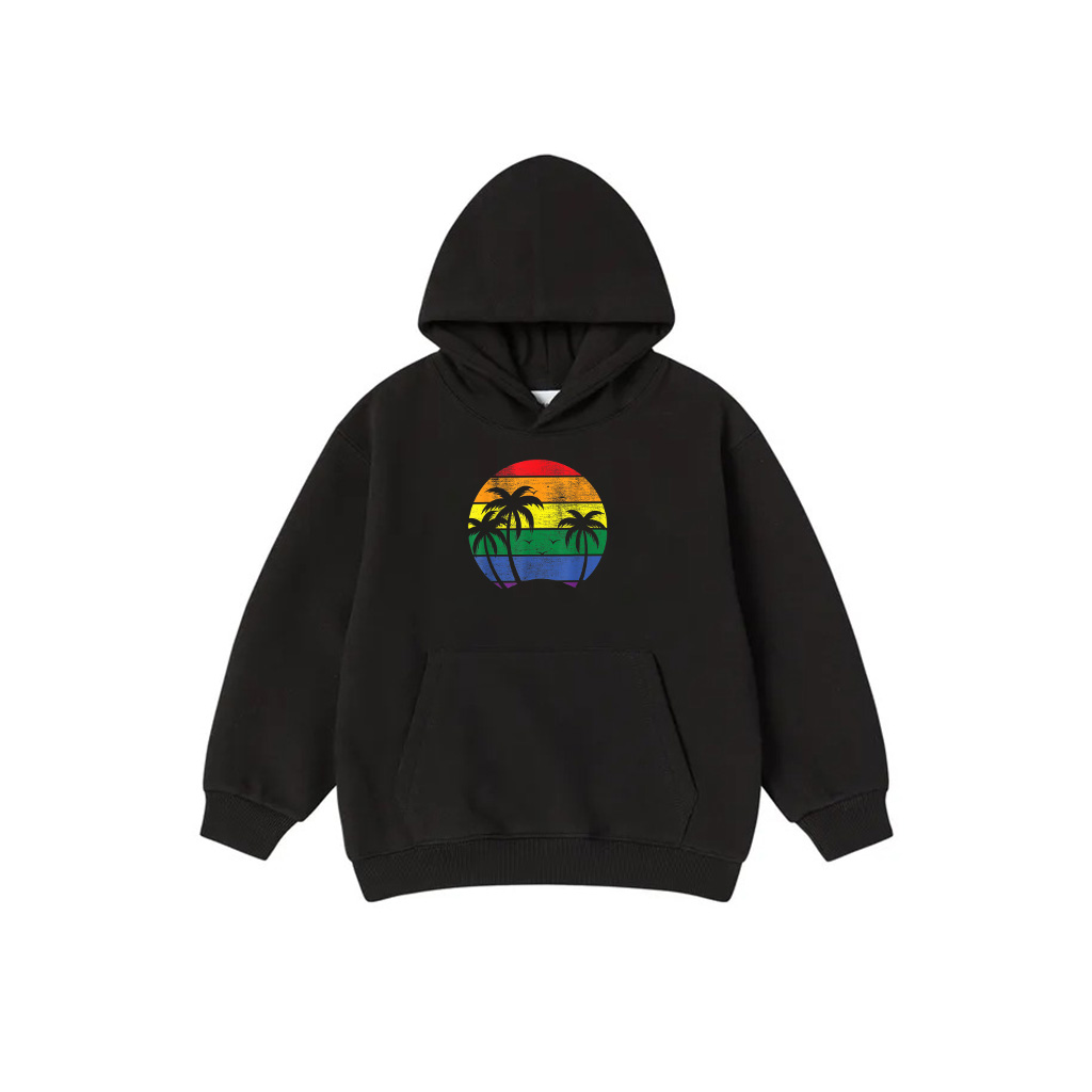 Pacific Ocean Palm Trees With Vintage LGBT Rainbow Sunset Hoodie