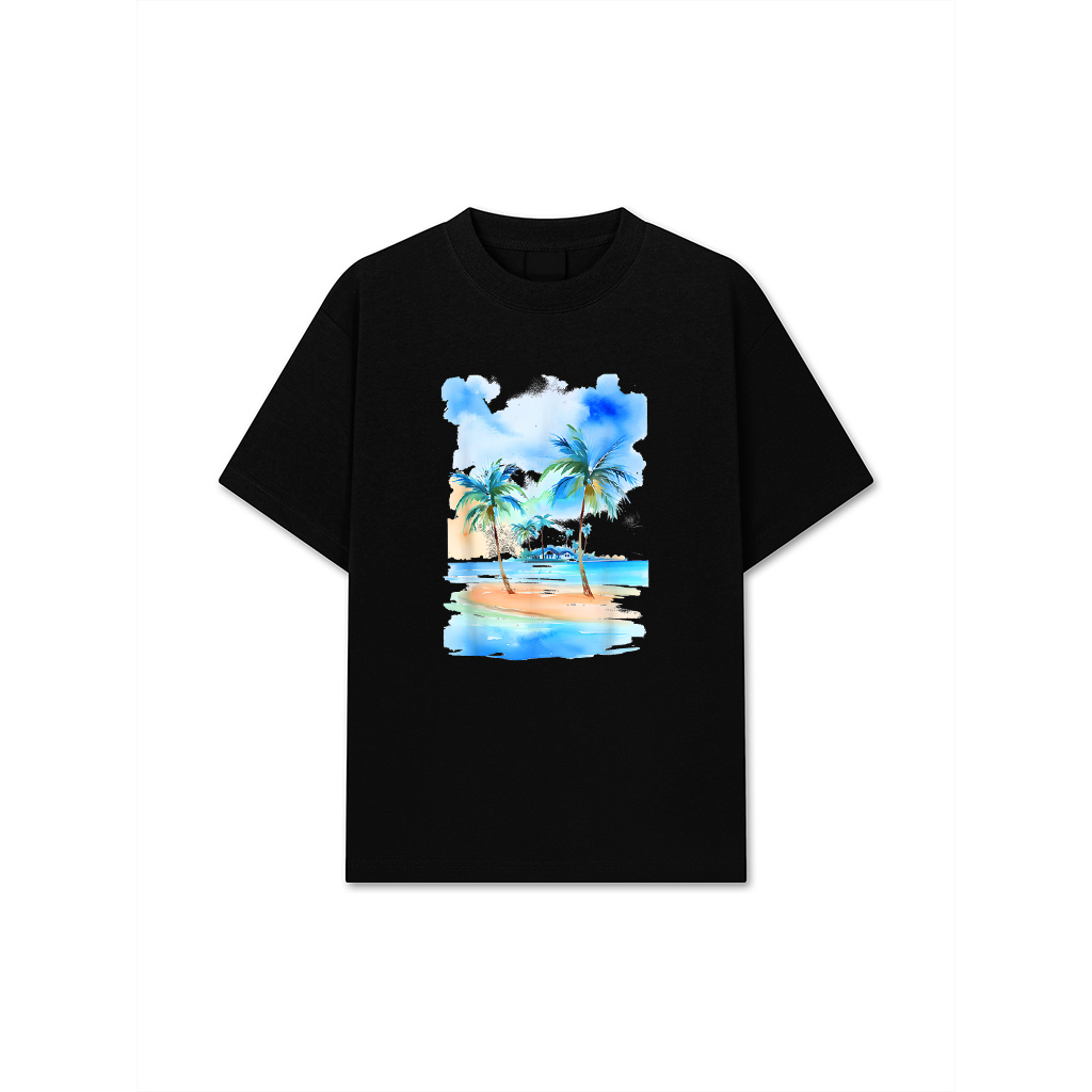 Palm Trees Tropical Beach Watercolor Style Seascape T-Shirt