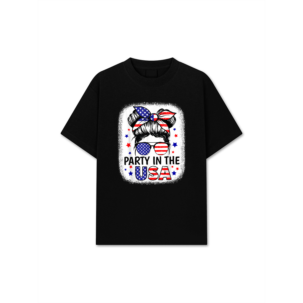 Party In USA Girls 4Th Of July Shirt Daughter Messy Bun USA T-Shirt