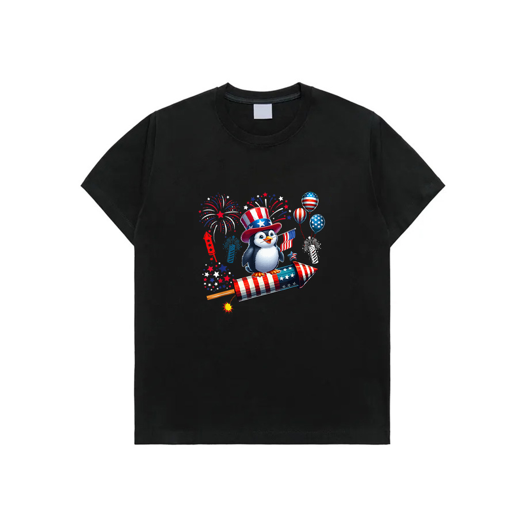Penguin Riding Firecracker 4Th Of July Bird Proud Flag T-Shirt