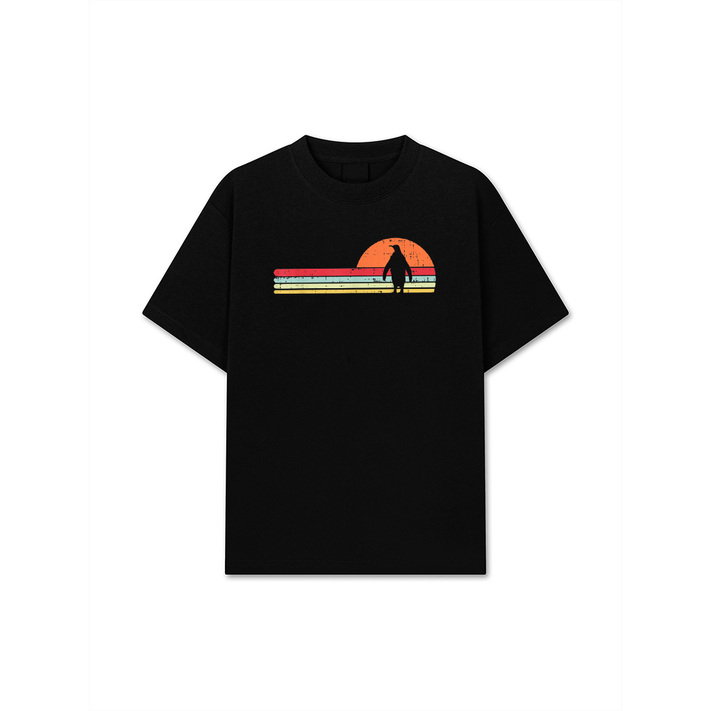Penguin Silhouette Sunset Chest Vintage Art T-Shirt
