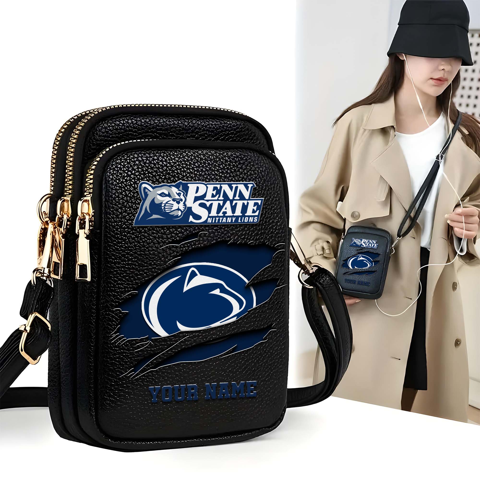 Penn State Nittany Lions Customized Womens Mobile Phone Bag With Your Name, Leather Crossbody Bag, Fan Gifts
