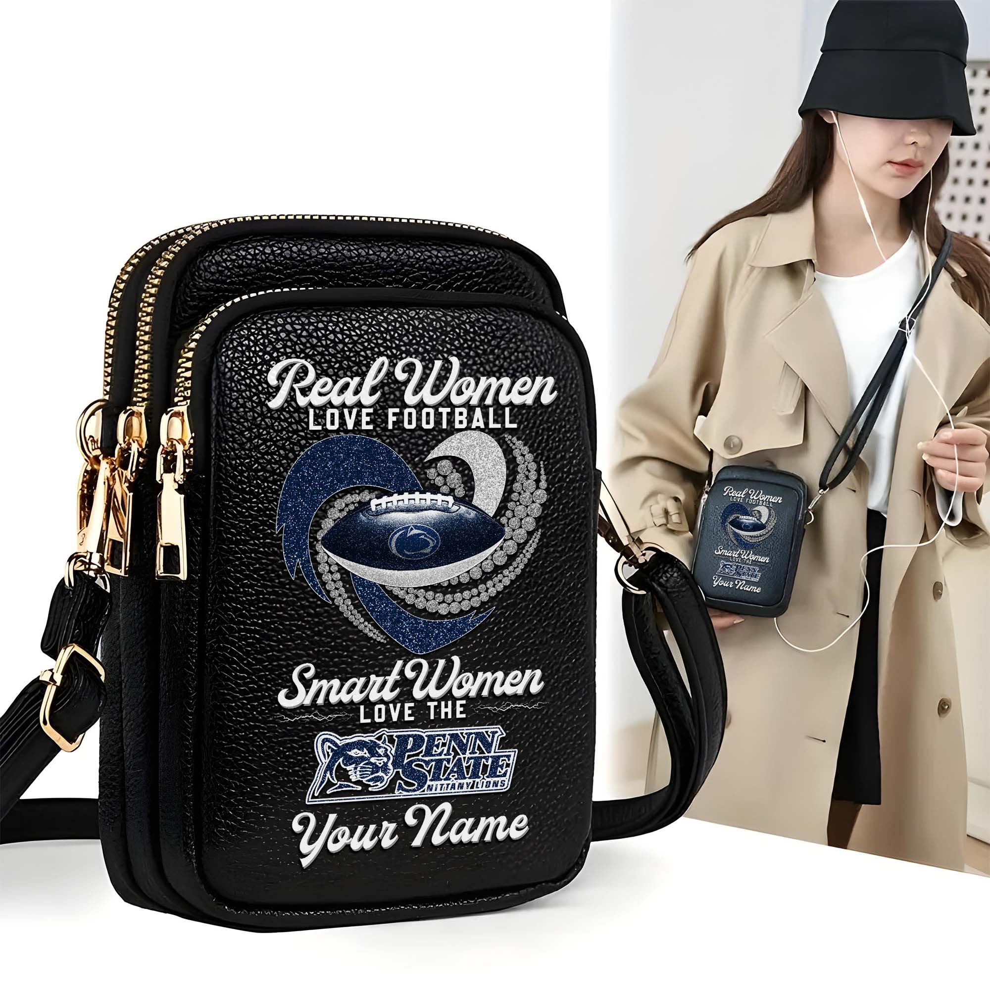 Penn State Nittany Lions Customized Womens Mobile Phone Bag With Your Name, Leather Crossbody Bag, Fan Gifts