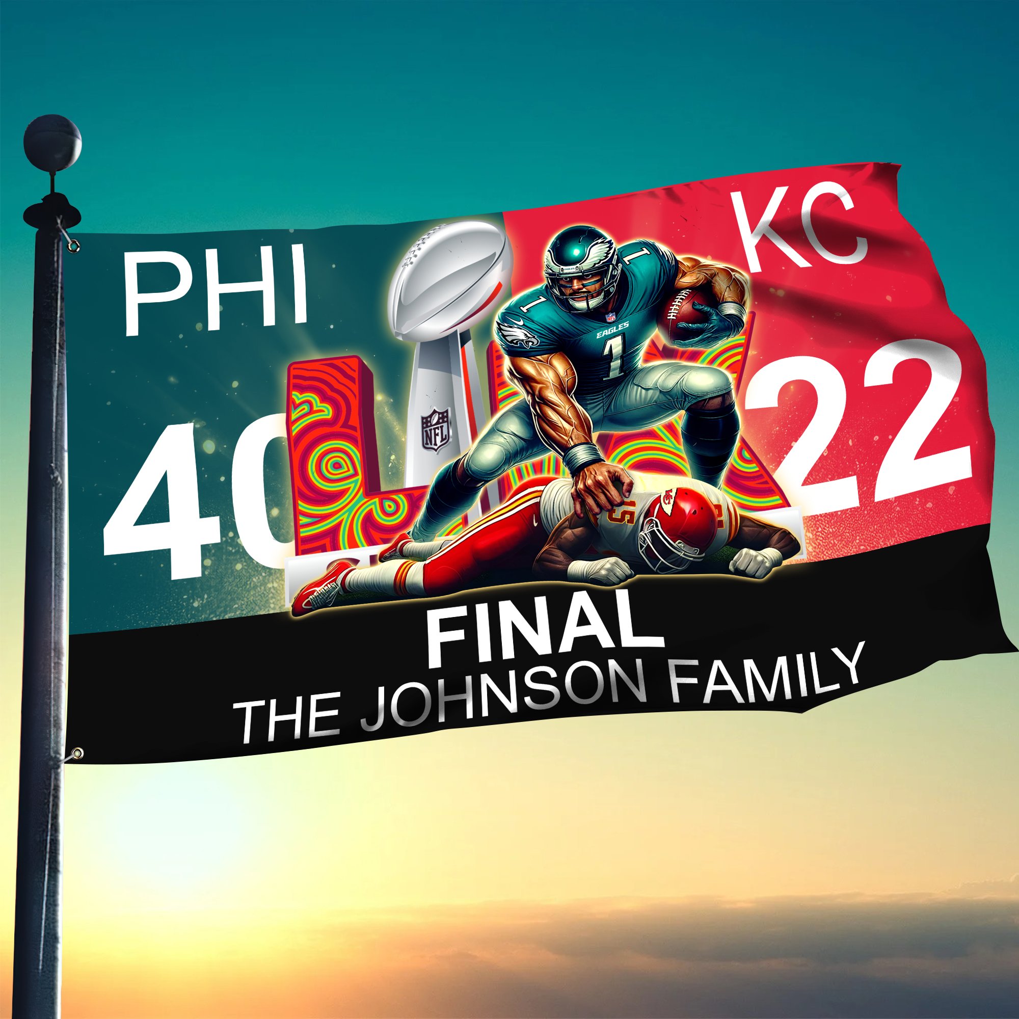Philadelphia Eagles 40 22 Chiefs Champions Super Bowl LIX Flag 3X5ft Custom Family Name, Gifts For Eagles Fan