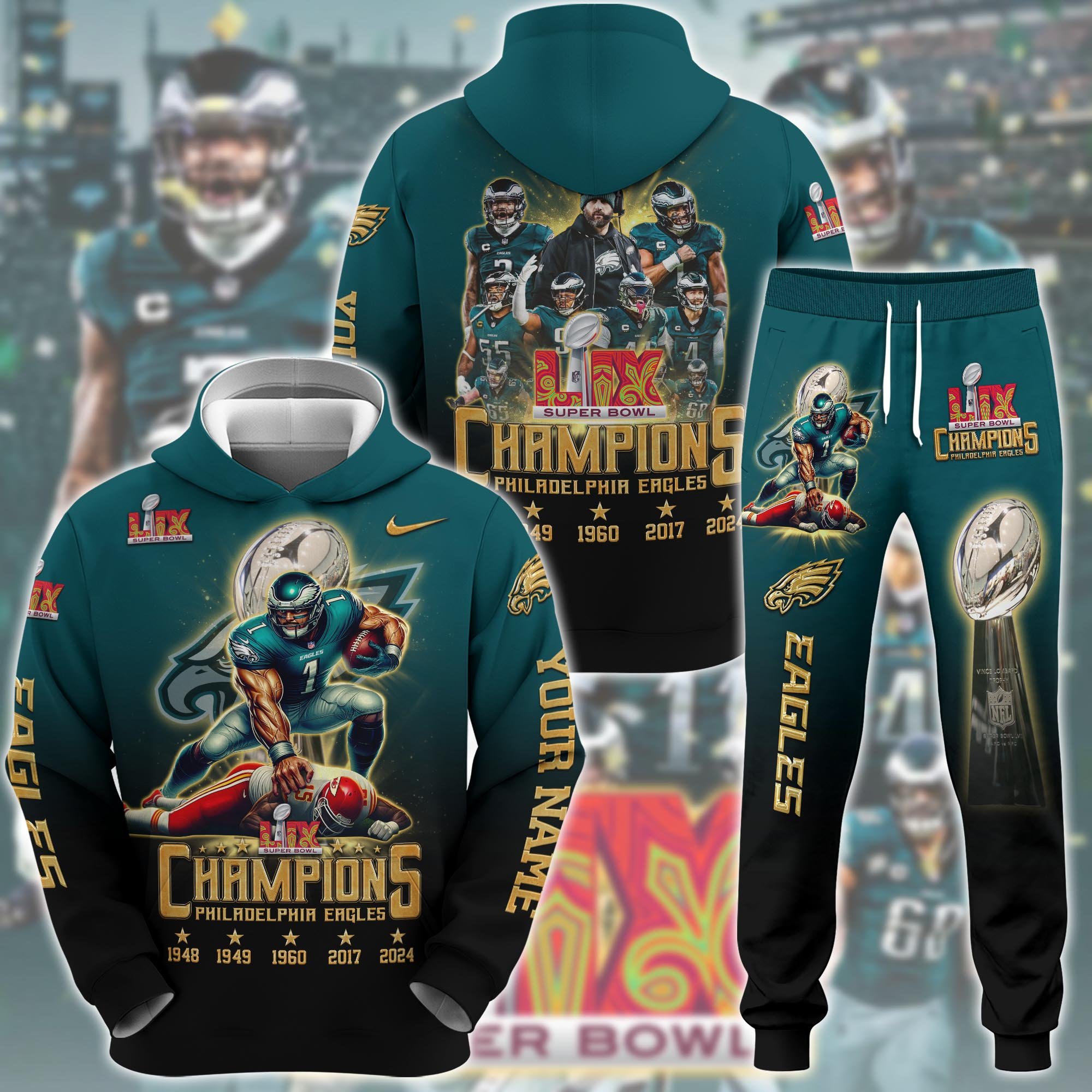 Philadelphia Eagles Champions Super Bowl 2025 Hoodie And Sweatpant Sets Custom Name, Football Team Clothing, Fan Gifts ETRG 0122620
