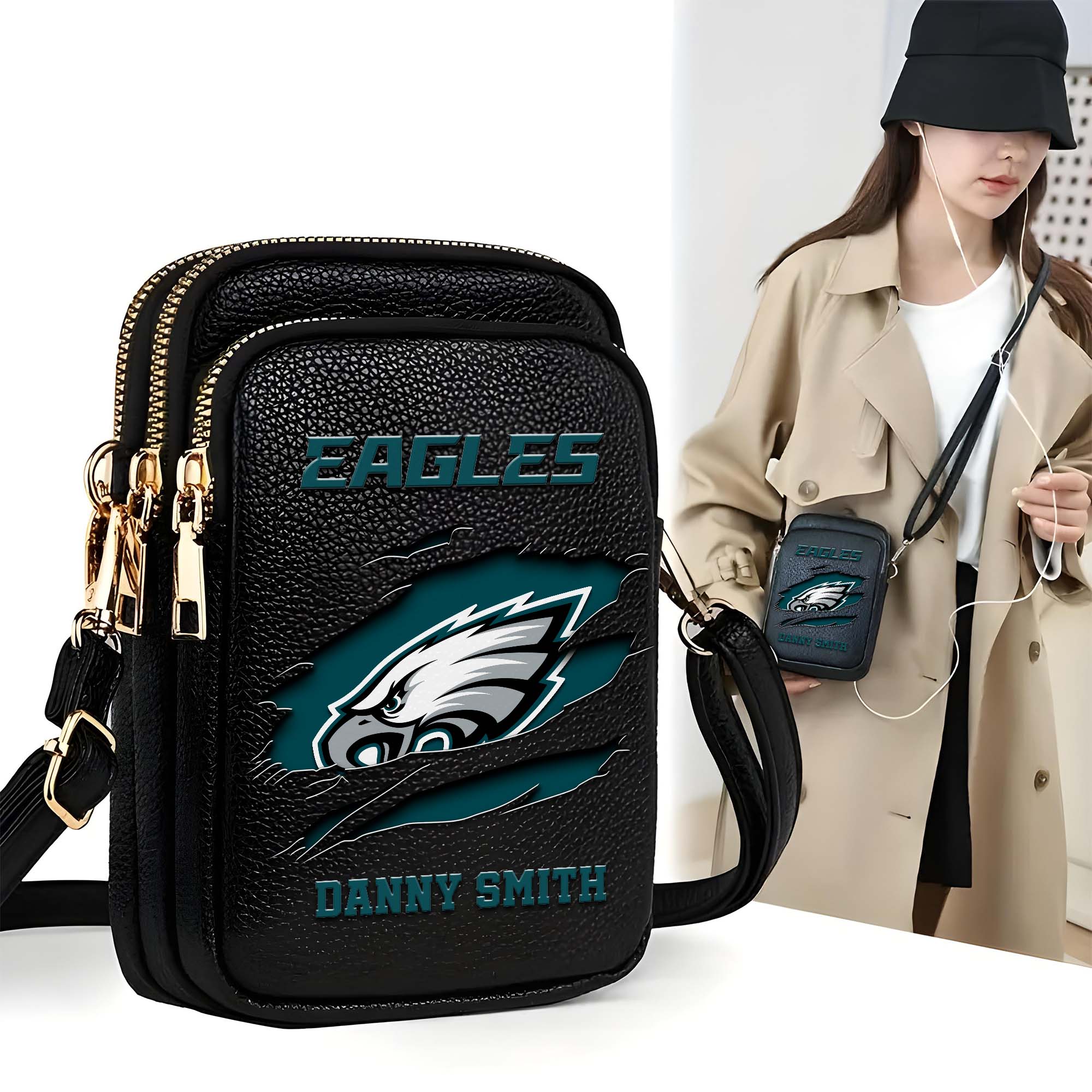 Philadelphia Eagles Customized Womens Mobile Phone Bag With Your Name, Leather Crossbody Bag, Fan Gifts