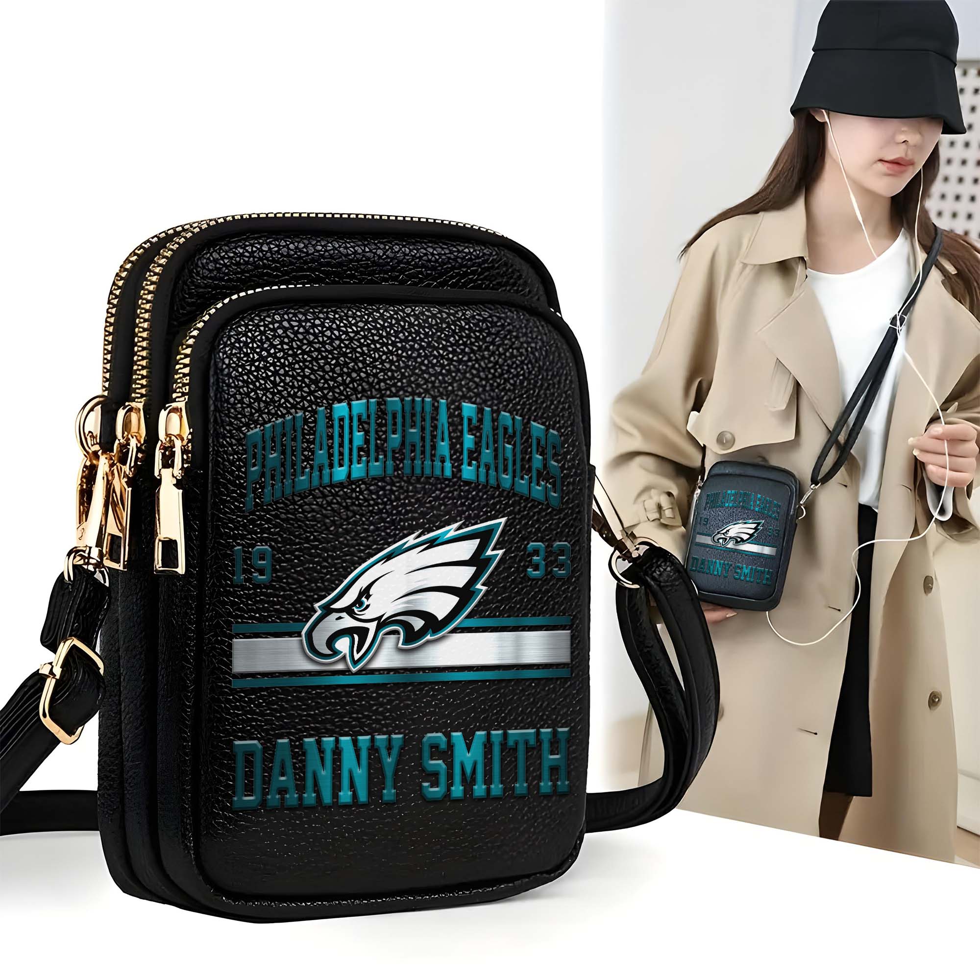 Philadelphia Eagles Customized Womens Mobile Phone Bag With Your Name, Leather Crossbody Bag, Fan Gifts