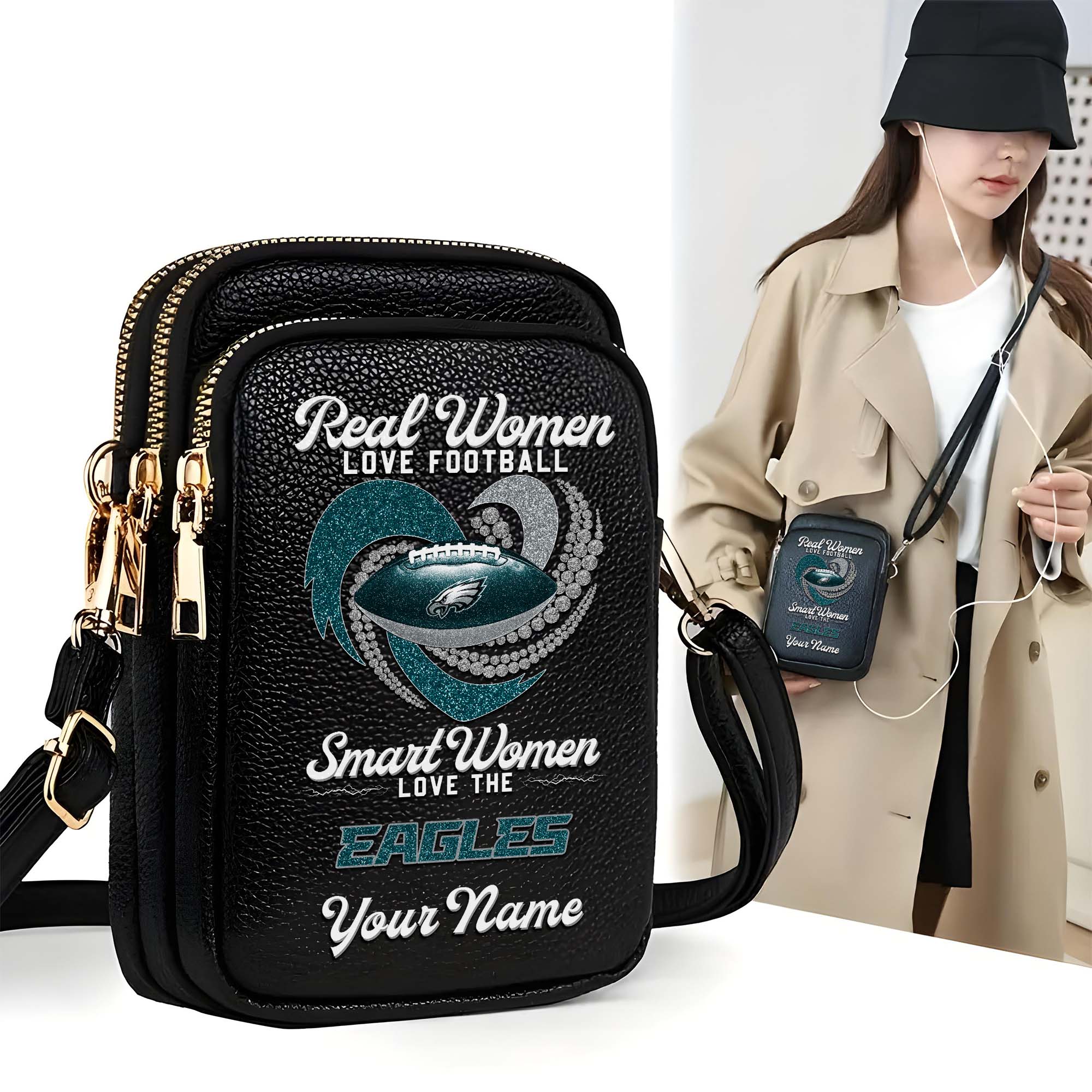 Philadelphia Eagles Customized Womens Mobile Phone Bag With Your Name, Leather Crossbody Bag, Fan Gifts