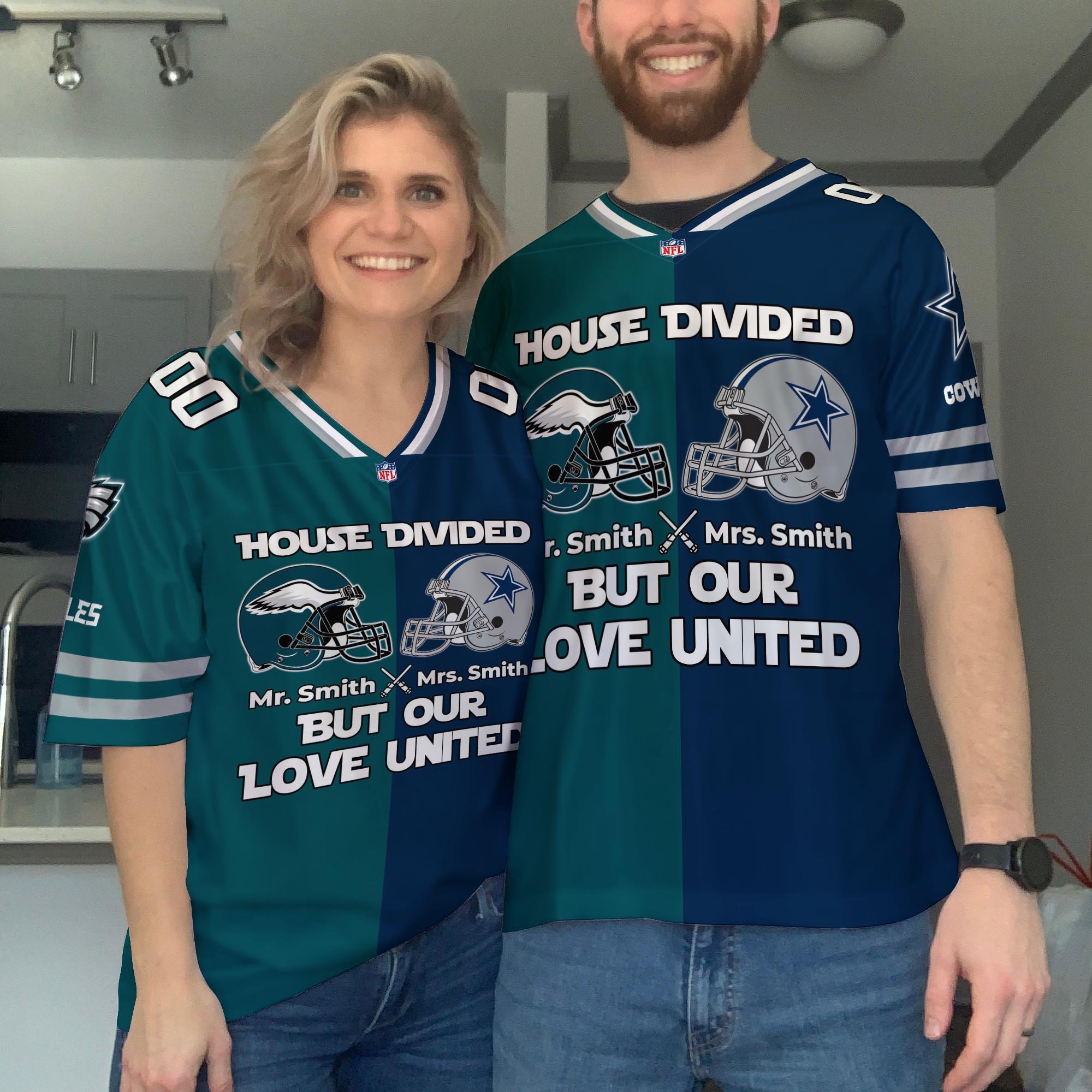 Philadelphia Eagles Football Jersey Custom Husband, Wife Name And Number, House Divided Jersey For Fan