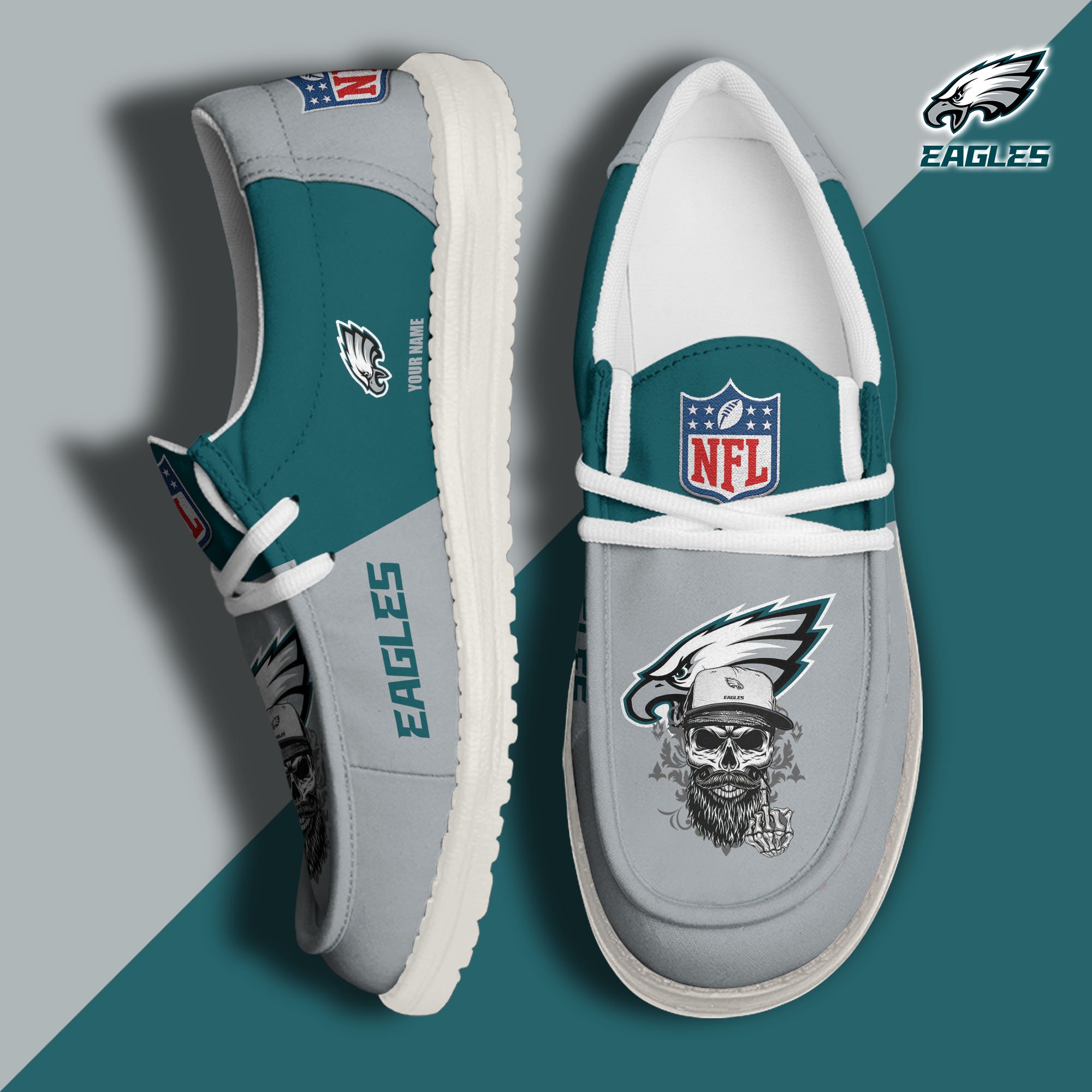 Philadelphia Eagles H D White Canvas Loafer Shoes Custom Your Name, Sport Canvas Loafer Shoes