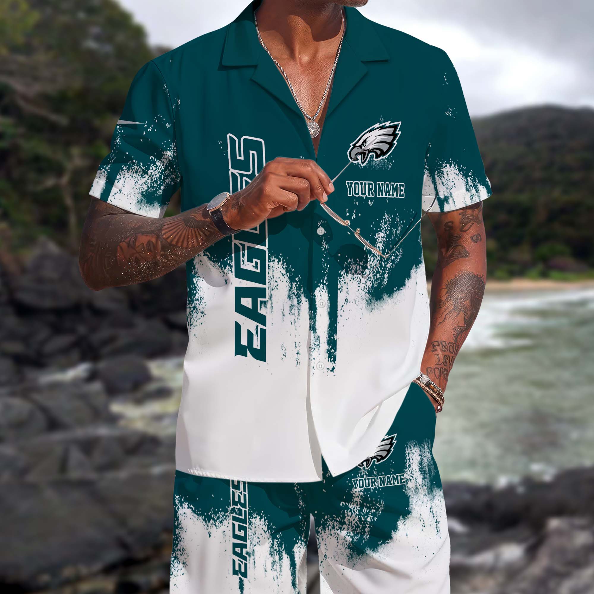 Philadelphia Eagles Hawaiian Shorts Set Custom You Name, Sport Shorts, Gifts For Fan