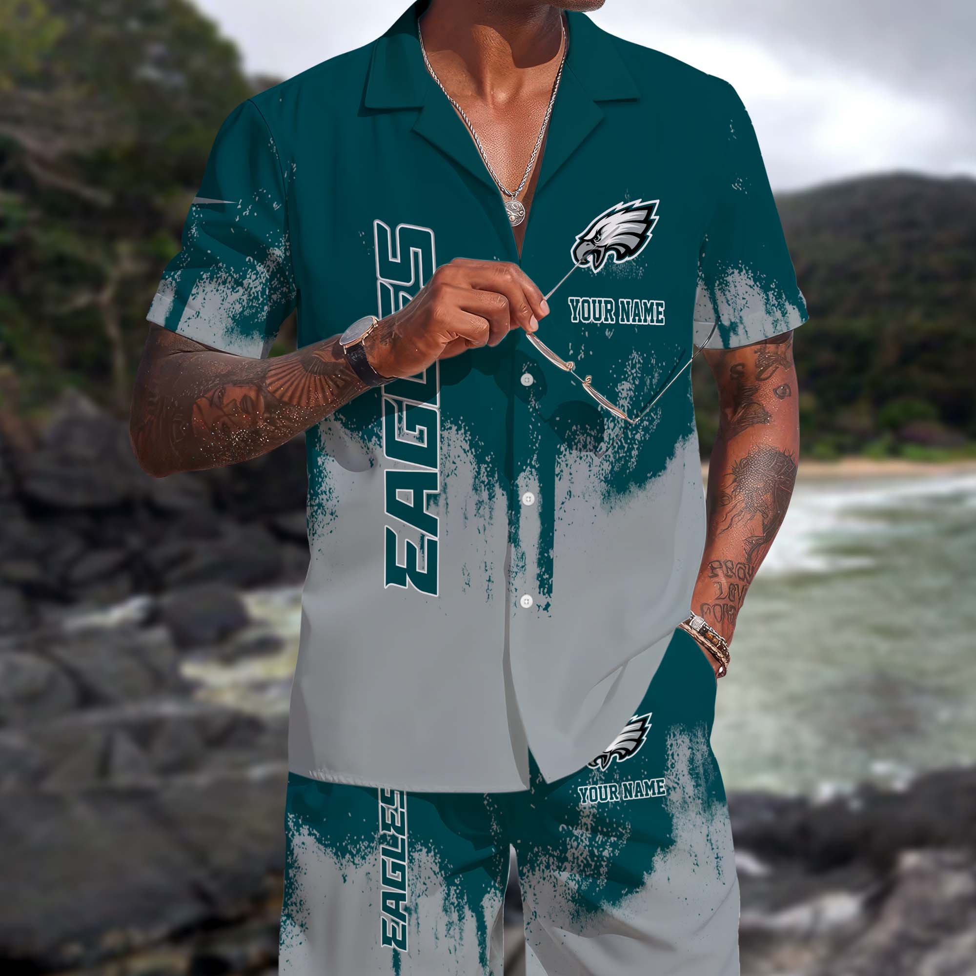 Philadelphia Eagles Hawaiian Shorts Set Custom You Name, Sport Shorts, Gifts For Fan