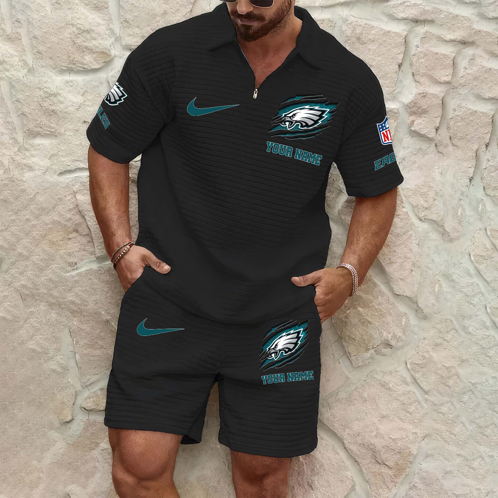 Philadelphia Eagles Mens Waffle Pattern Half Zipper Shirt And Short Custom Your Name 2025 Versions, Gifts For Football Lovers