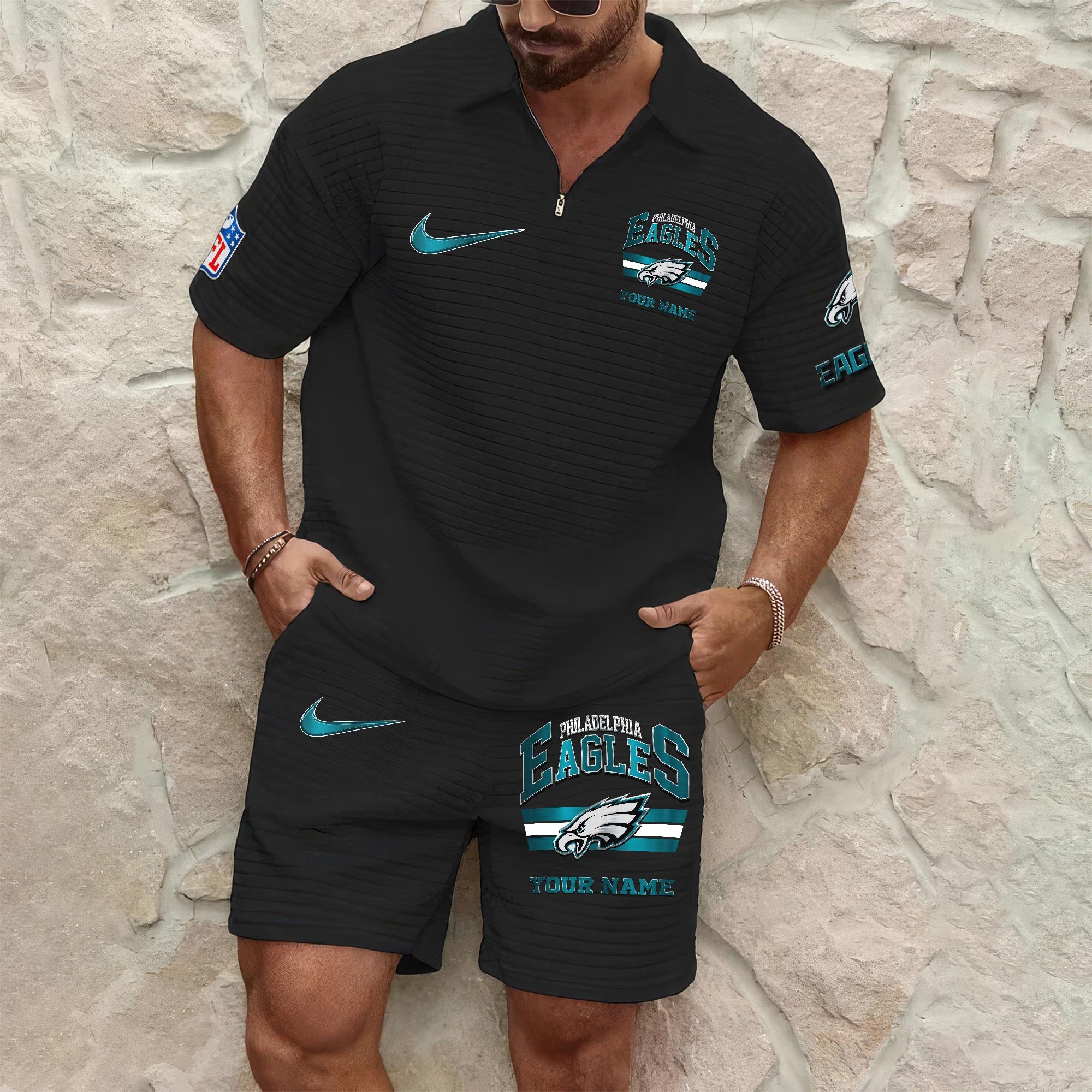 Philadelphia Eagles Mens Waffle Pattern Half Zipper Shirt And Short Custom Your Name, Gifts For Football Lovers