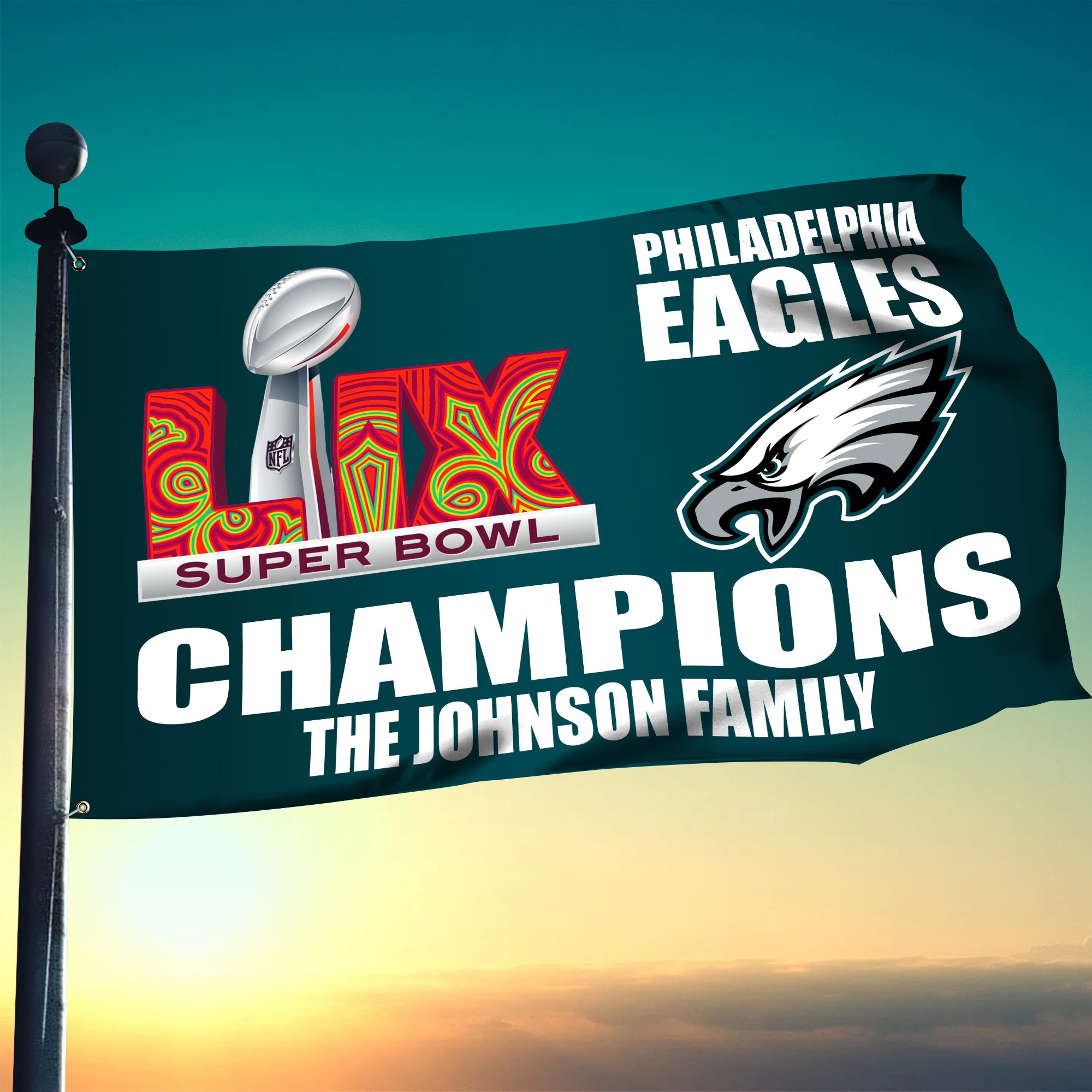 Philadelphia Eagles Philadelphia Eagles Champions Super Bowl 2025 Flag 3X5ft Custom Family Name, Gifts For Eagles Fan, Eagles Gifts, Fan Gifts