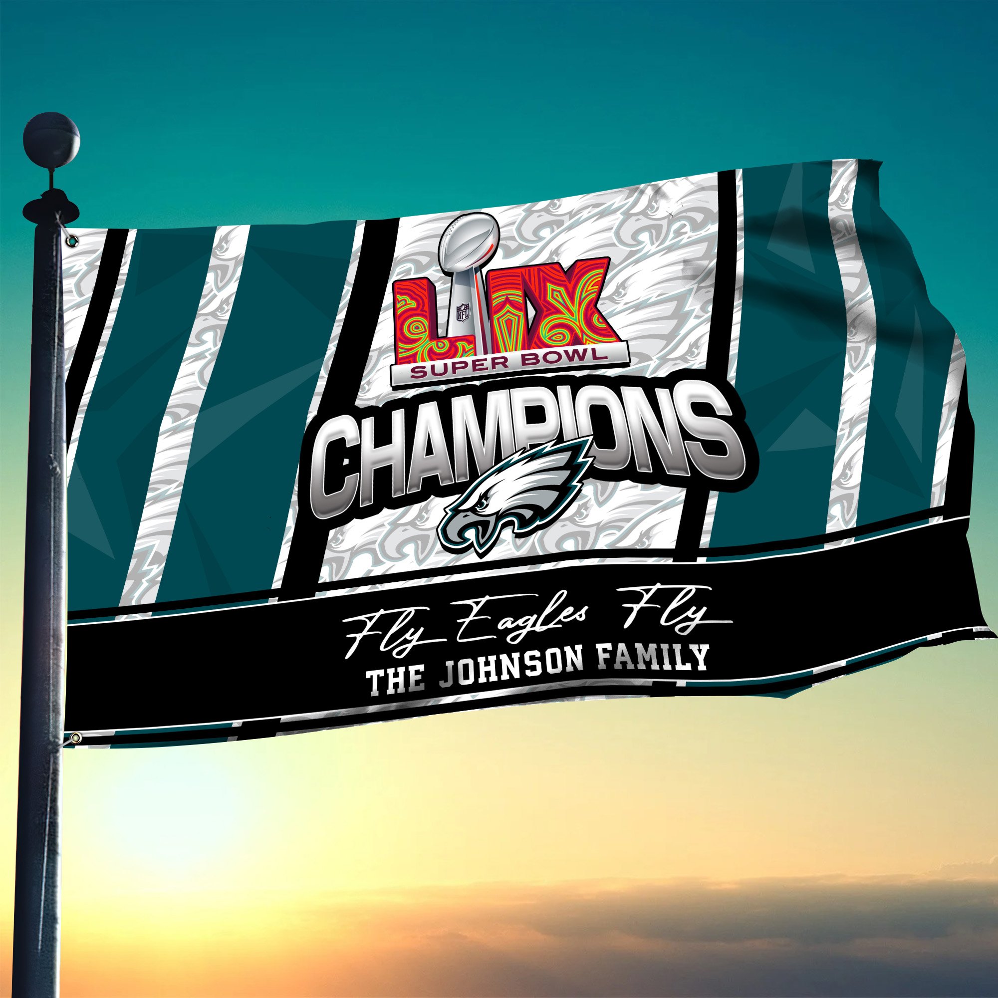 Philadelphia Eagles Philadelphia Eagles Champions Super Bowl 2025 Flag 3X5ft Custom Family Name, Gifts For Eagles Fan, Sport Lover Gifts
