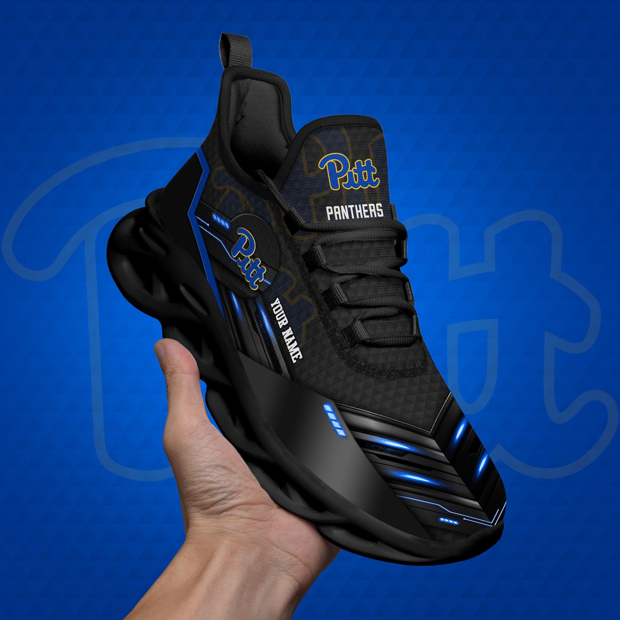 Pittsburgh Panthers Black Clunky Sneaker Custom Name, Max Soul Shoes, Sport Gifts For Fan