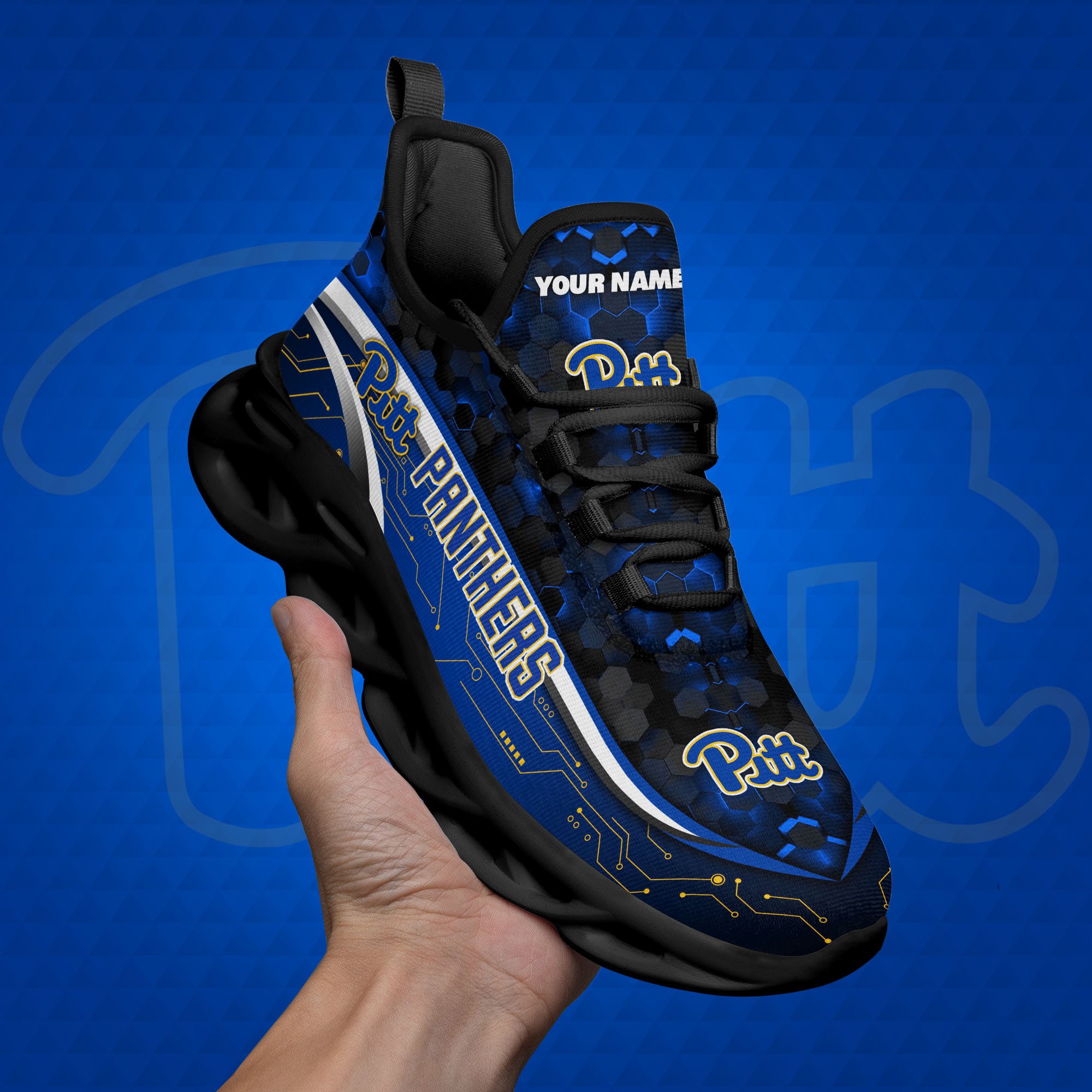 Pittsburgh Panthers Black Clunky Sneakers Custom Name, Max Soul Shoes, Sport Gifts