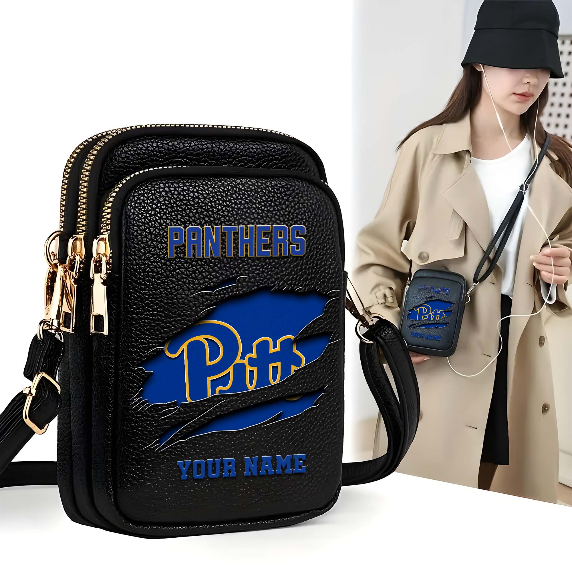 Pittsburgh Panthers Customized Womens Mobile Phone Bag With Your Name, Leather Crossbody Bag, Fan Gifts