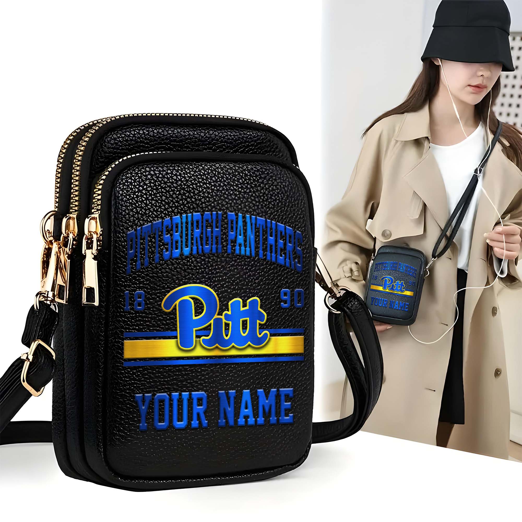 Pittsburgh Panthers Customized Womens Mobile Phone Bag With Your Name, Leather Crossbody Bag, Fan Gifts