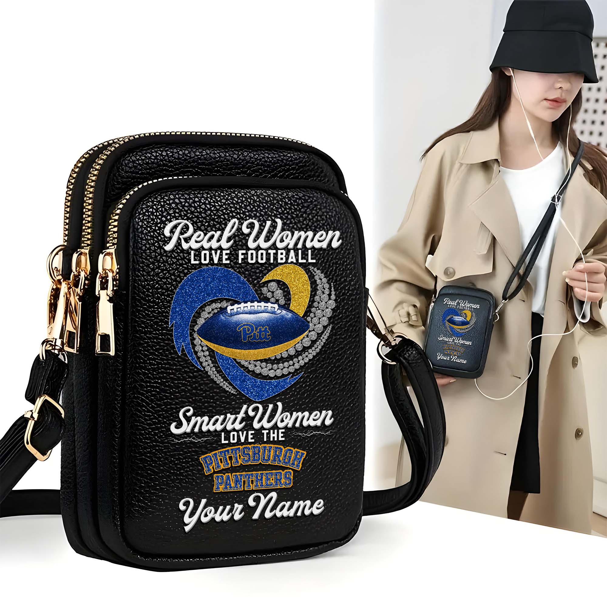 Pittsburgh Panthers Customized Womens Mobile Phone Bag With Your Name, Leather Crossbody Bag, Fan Gifts