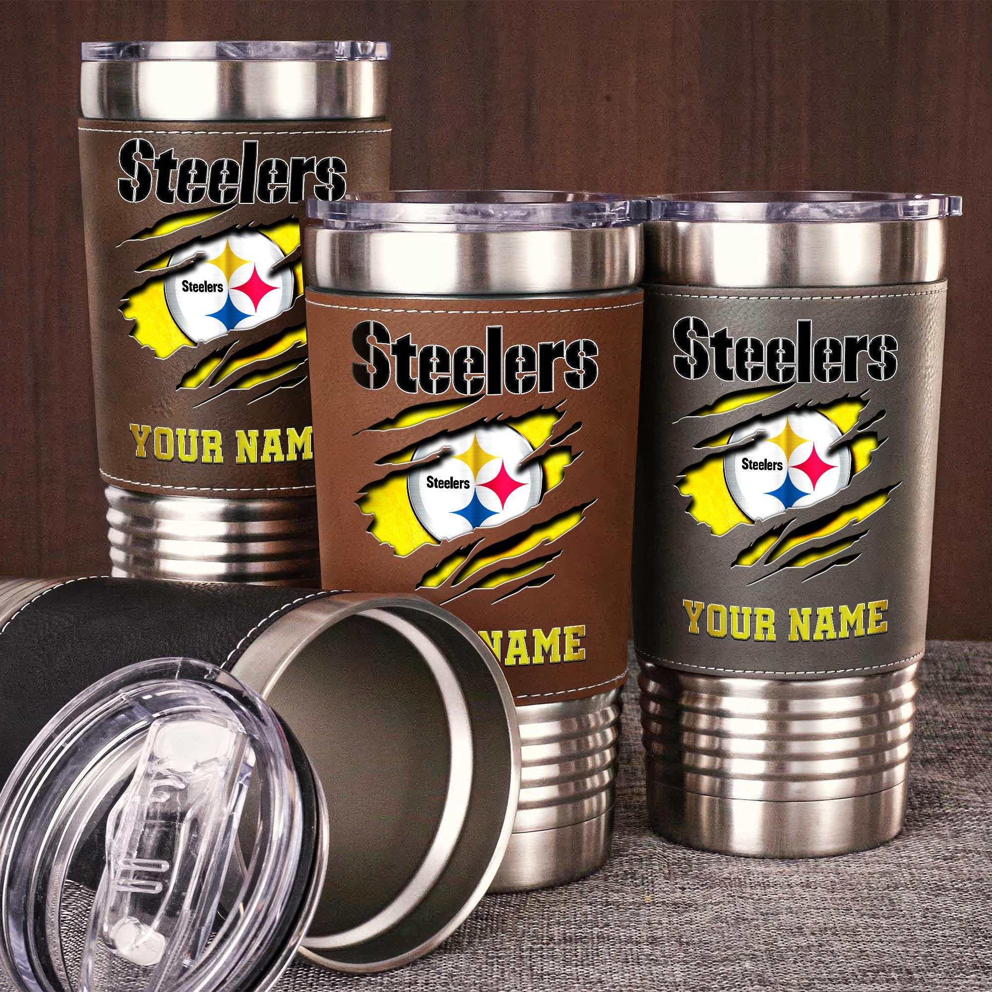 Pittsburgh Steelers 20 Oz Leather Tumbler Custom Your Name, Sport Gift For Fans 