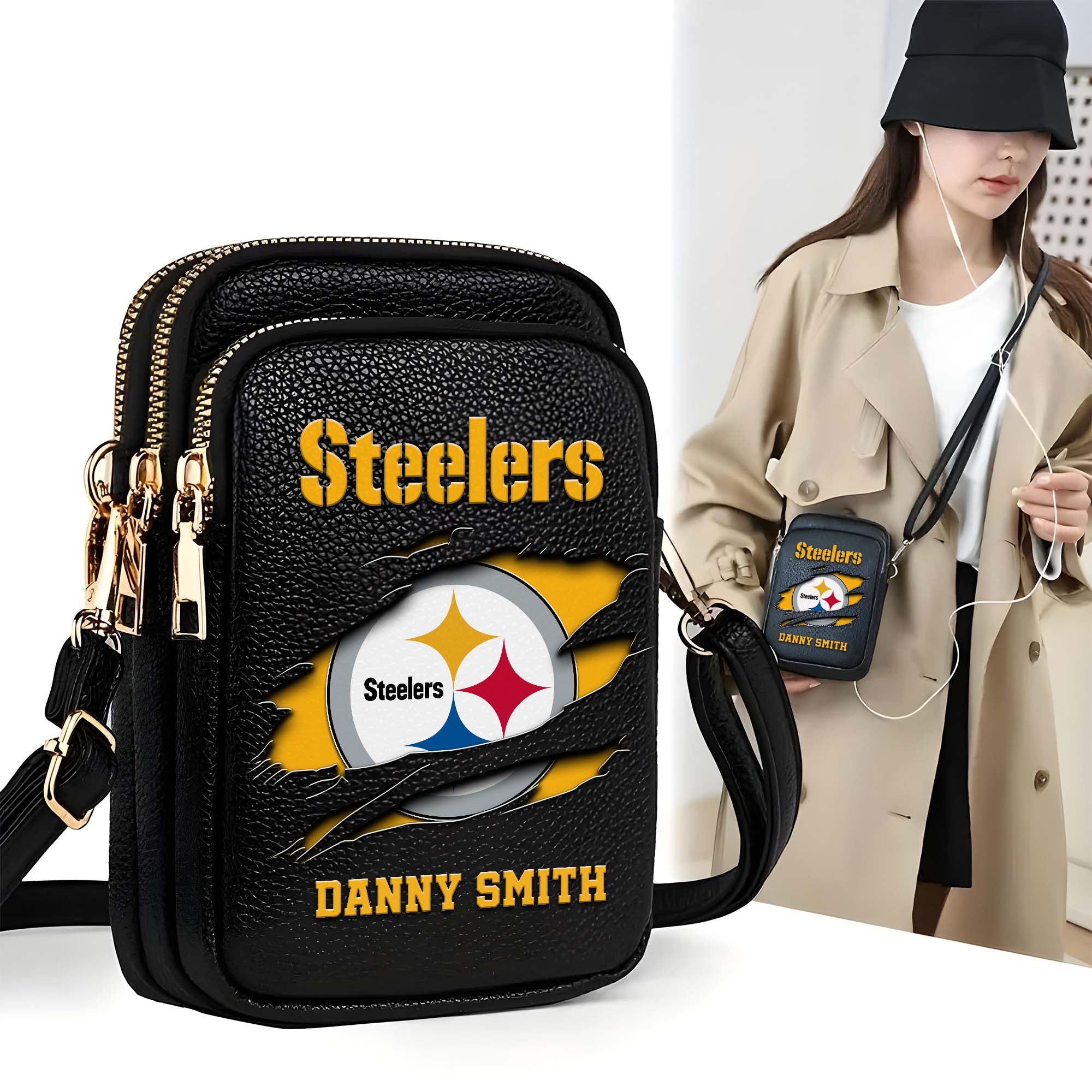 Pittsburgh Steelers Customized Womens Mobile Phone Bag With Your Name, Leather Crossbody Bag, Fan Gifts