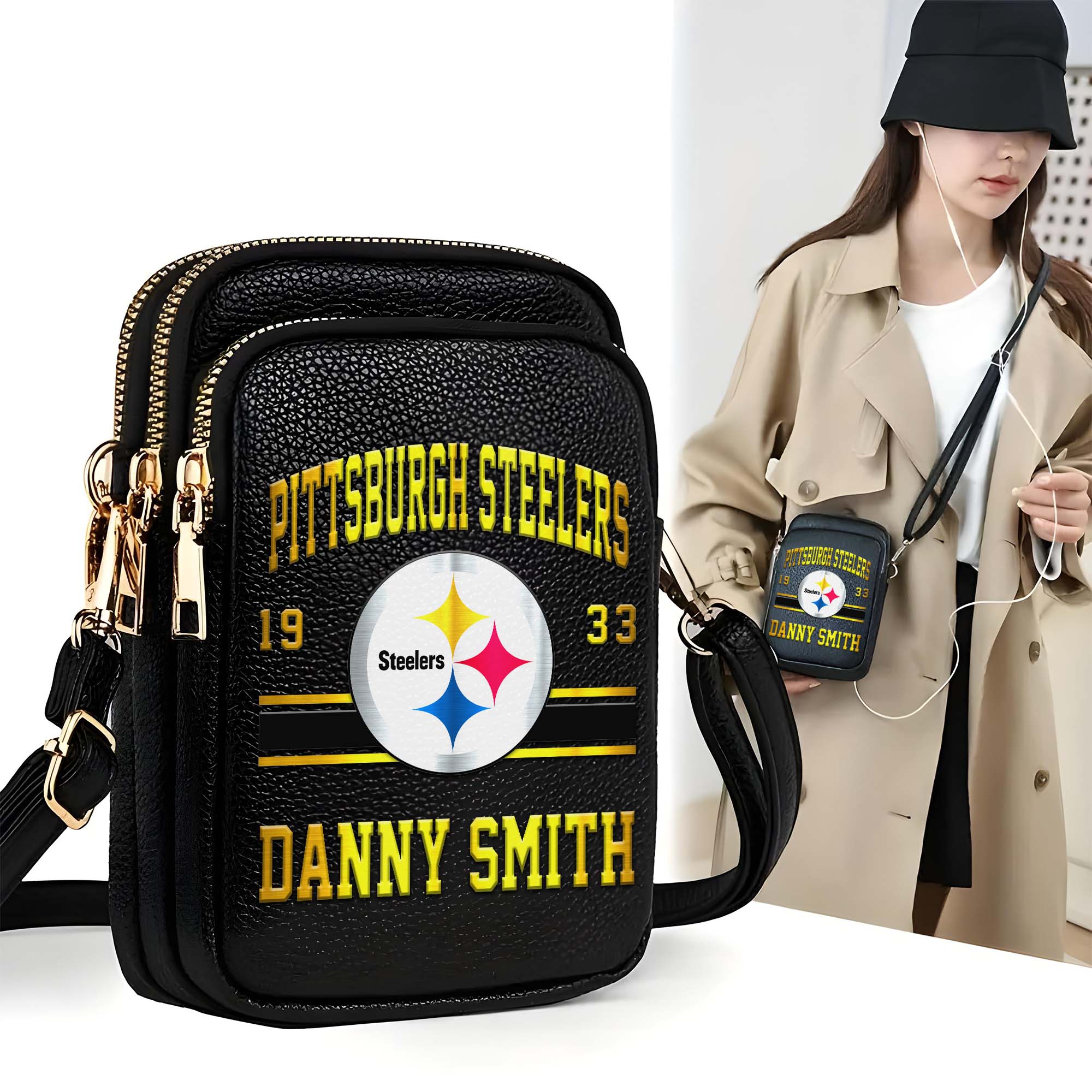 Pittsburgh Steelers Customized Womens Mobile Phone Bag With Your Name, Leather Crossbody Bag, Fan Gifts