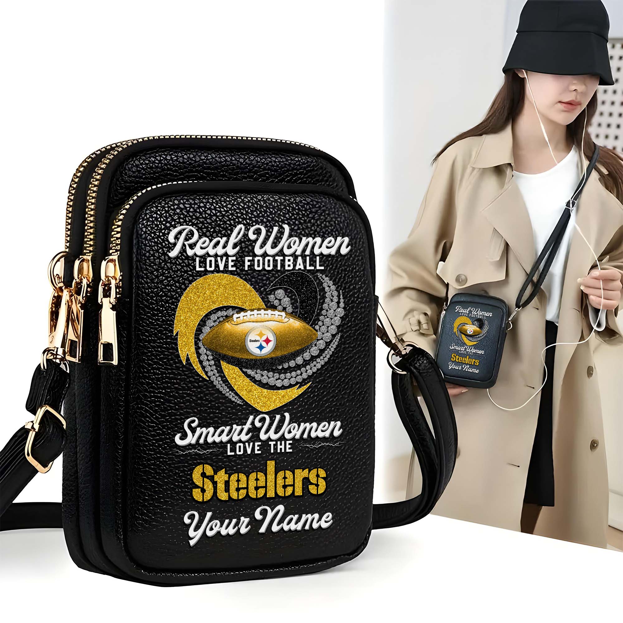 Pittsburgh Steelers Customized Womens Mobile Phone Bag With Your Name, Leather Crossbody Bag, Fan Gifts
