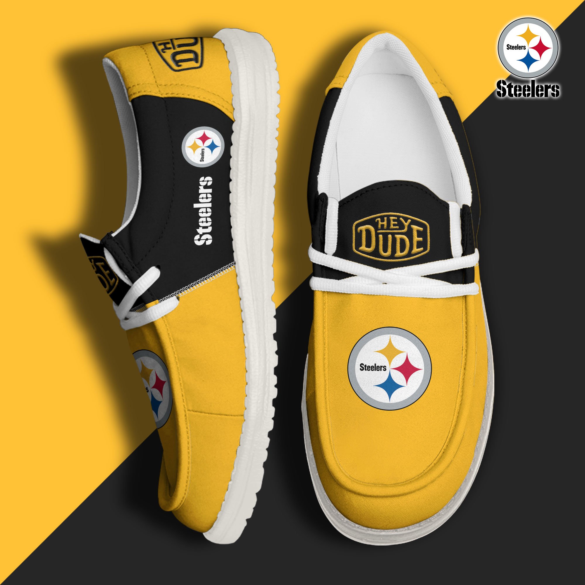 Pittsburgh Steelers Football Hey Dude Canvas Loafer Shoes Custom Your Name, Sport Shoes For Fan, Fan Gifts