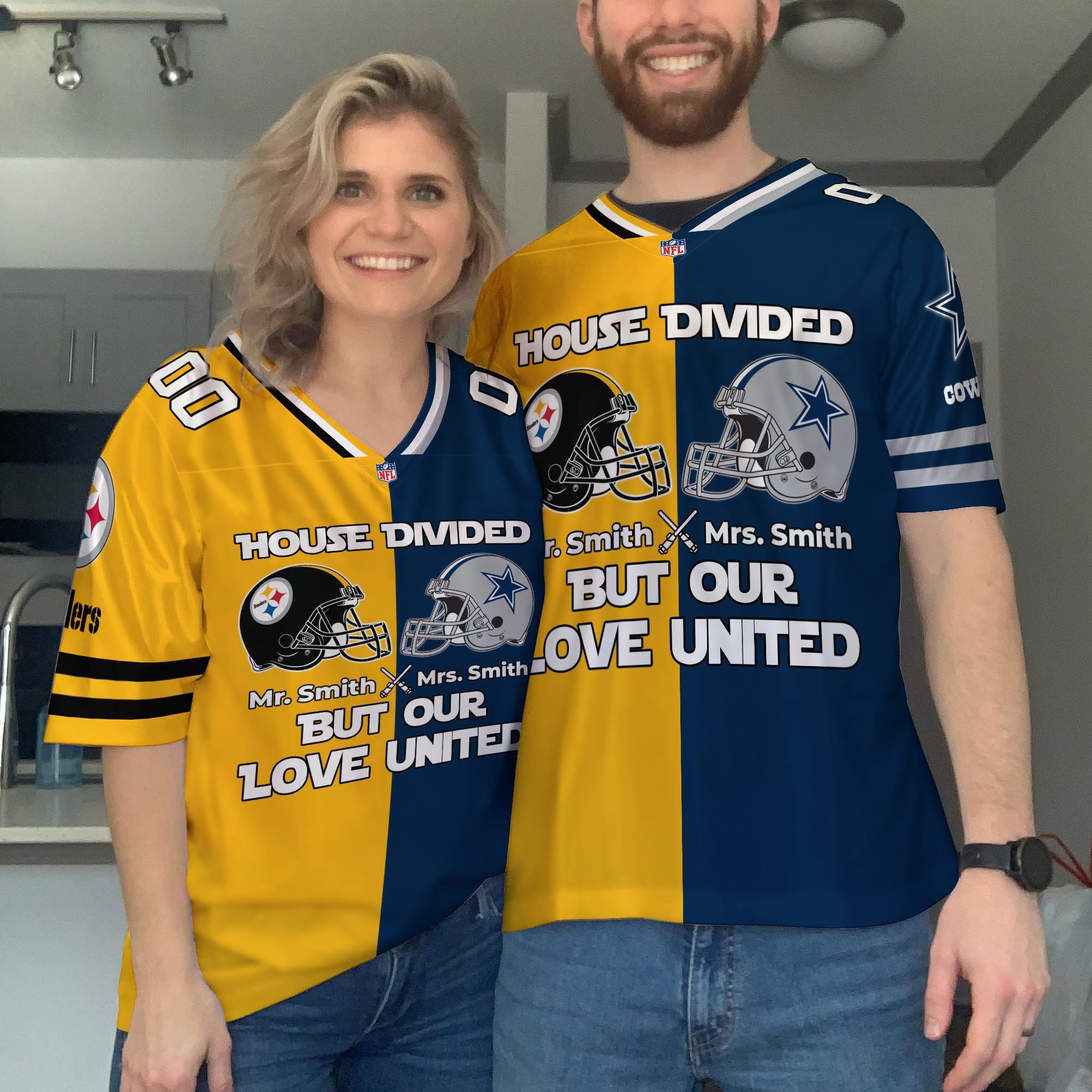 Pittsburgh Steelers Football Jersey Custom Husband, Wife Name And Number, House Divided Jersey For Fan