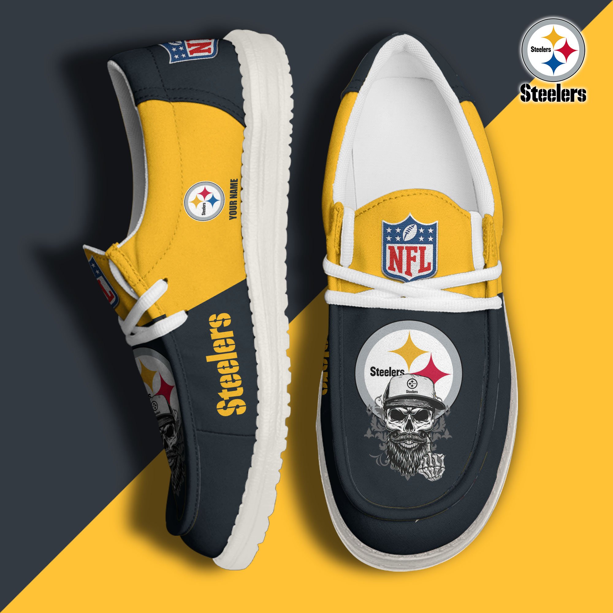 Pittsburgh Steelers H D White Canvas Loafer Shoes Custom Your Name, Sport Canvas Loafer Shoes