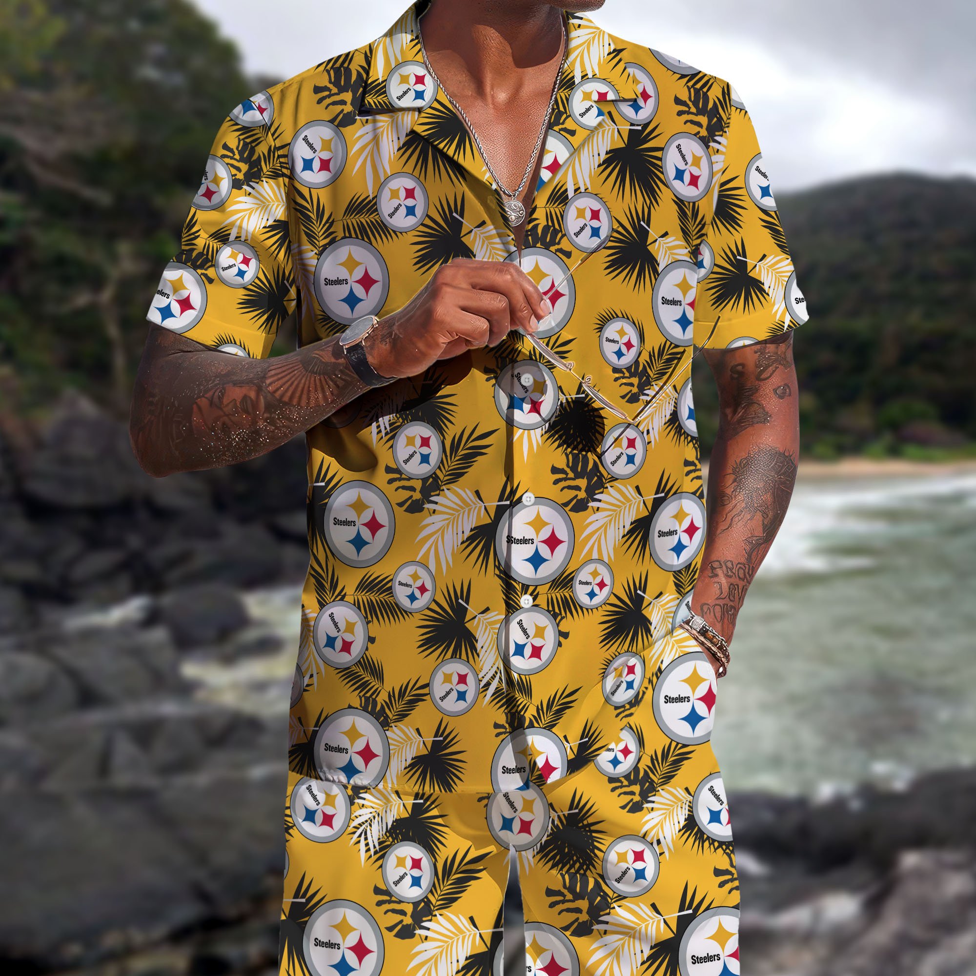Pittsburgh Steelers Hawaiian Shorts Set 2025 Version, Hawaiian Shirts, Sports Shorts, Gifts For Fan