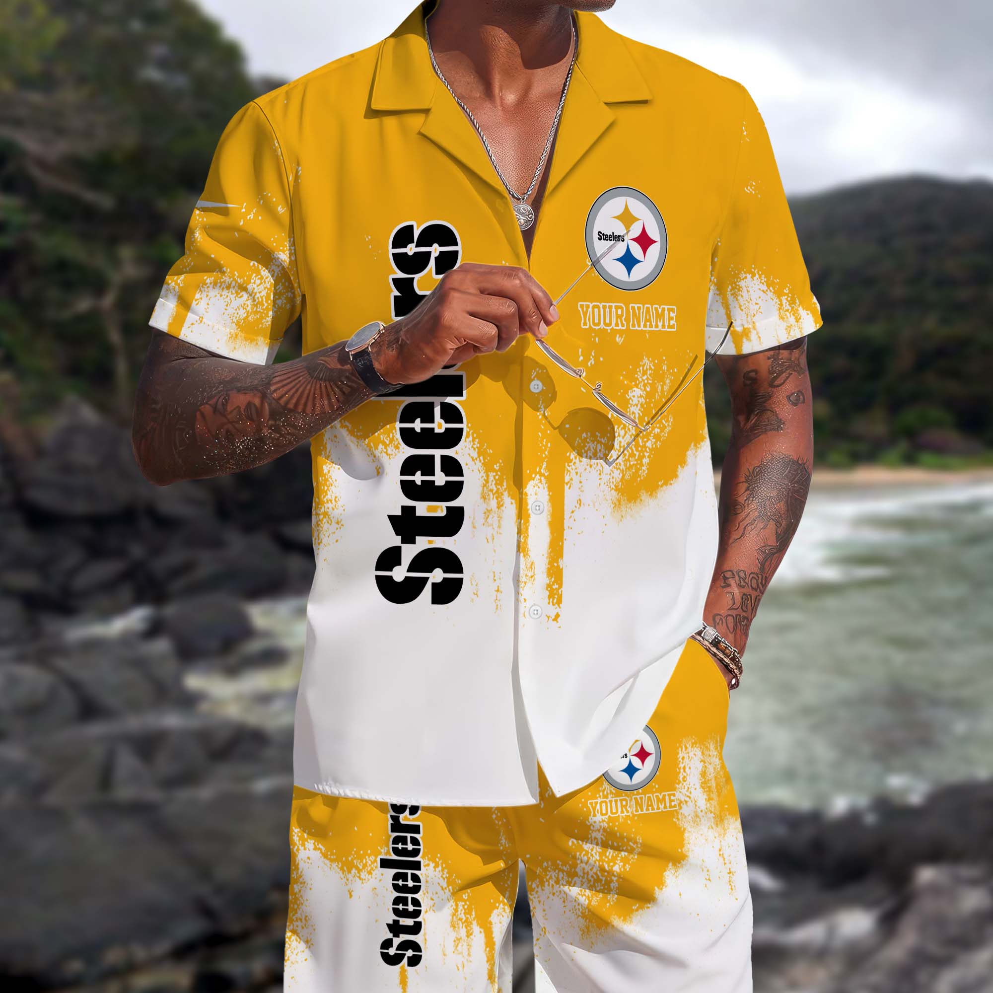 Pittsburgh Steelers Hawaiian Shorts Set Custom You Name, Sport Shorts, Gifts For Fan