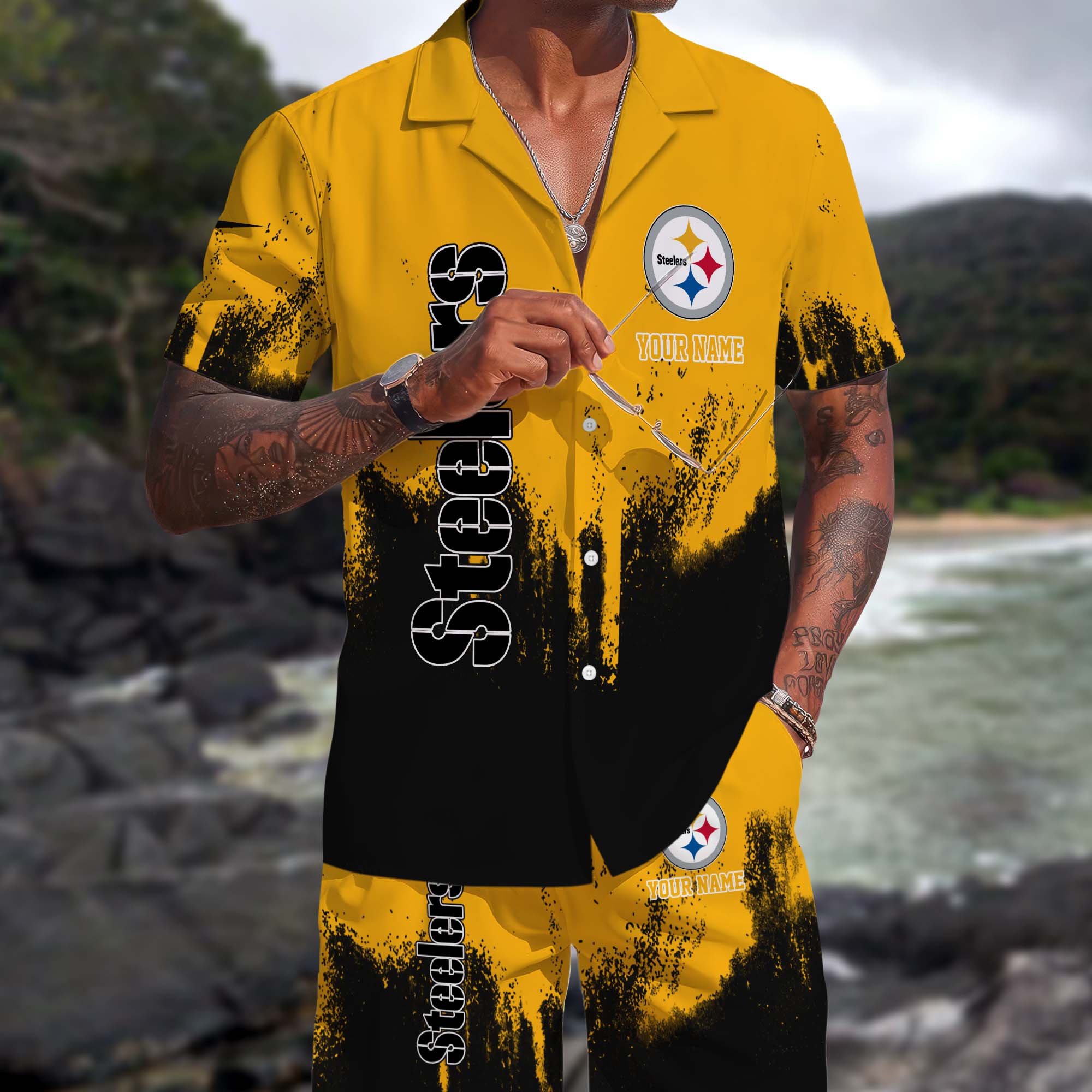 Pittsburgh Steelers Hawaiian Shorts Set Custom You Name, Sport Shorts, Gifts For Fan