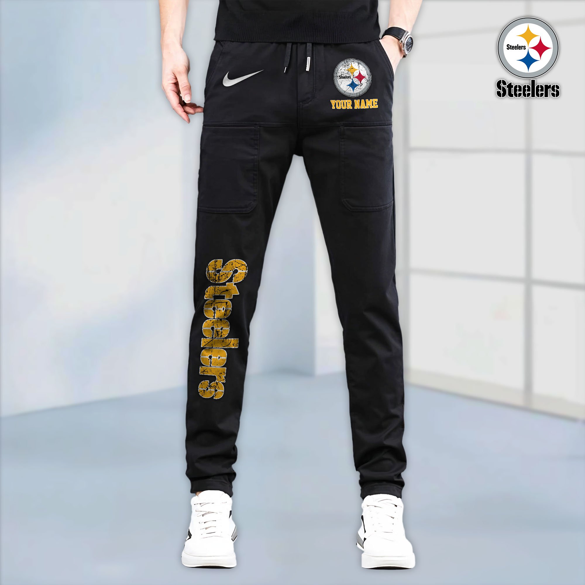 Pittsburgh Steelers High Stretch Multi Pocket Durable Cargo Pants - Long Custom Name 