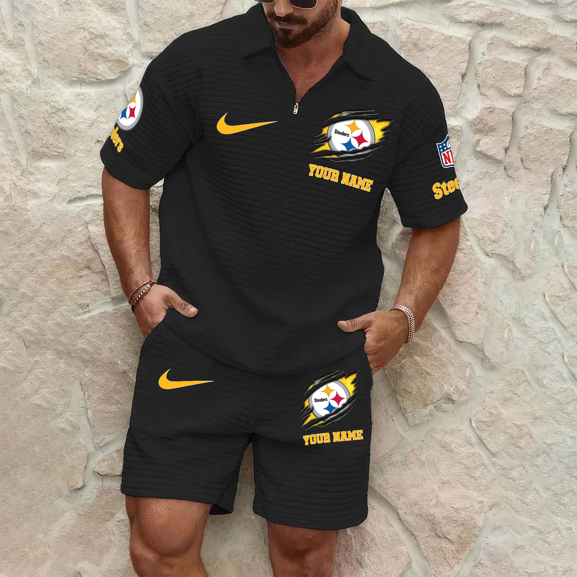 Pittsburgh Steelers Mens Waffle Pattern Half Zipper Shirt And Short Custom Your Name 2025 Versions, Gifts For Football Lovers