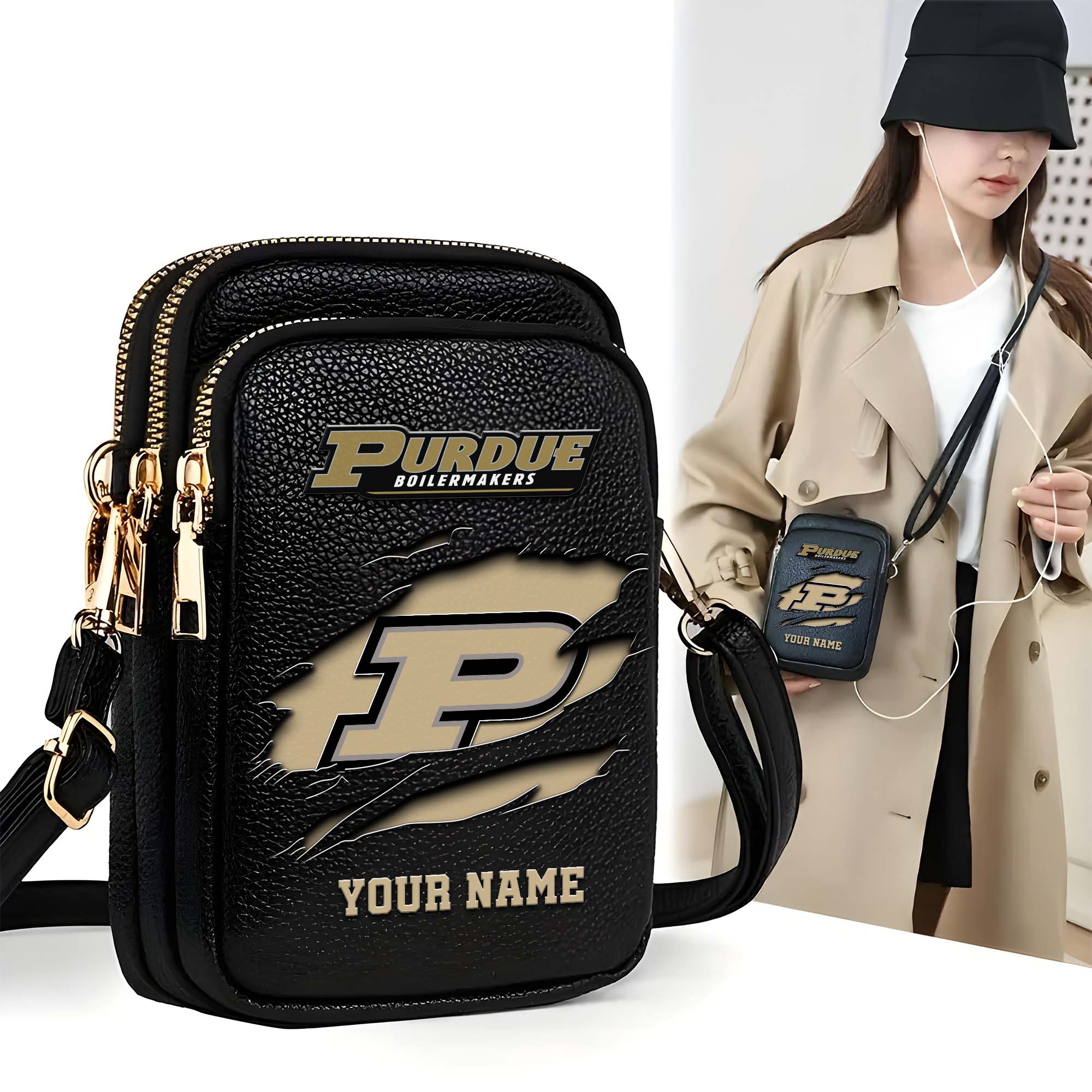 Purdue Boilermakers Customized Womens Mobile Phone Bag With Your Name, Leather Crossbody Bag, Fan Gifts