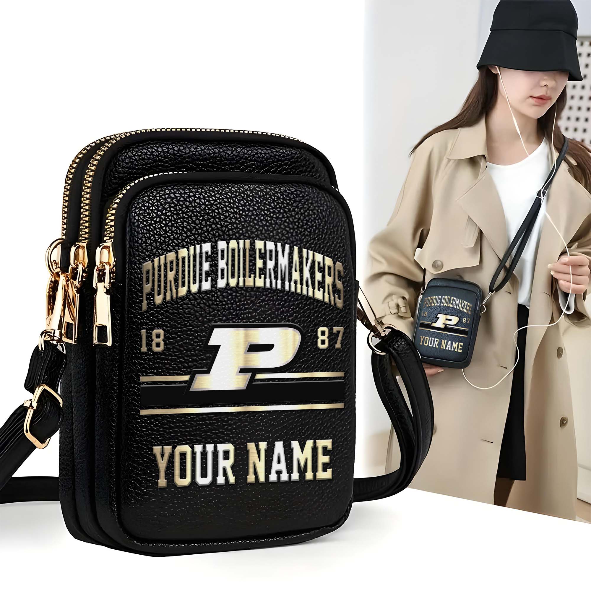 Purdue Boilermakers Customized Womens Mobile Phone Bag With Your Name, Leather Crossbody Bag, Fan Gifts