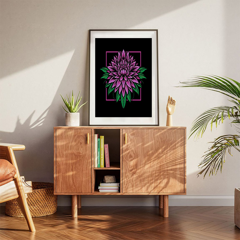 Purple Dahlia Flower Logo On The Black Background Poster