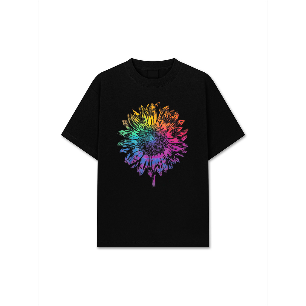Rainbow Sun Flower Line Art Boho Style Bohemian Floral T-Shirt
