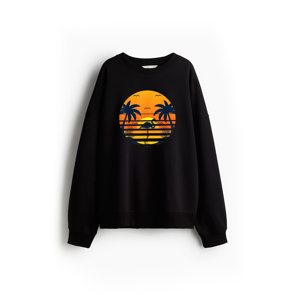 Retro Beach Sunset Palm Trees Flamingo Tropical Summer Sweatshirt